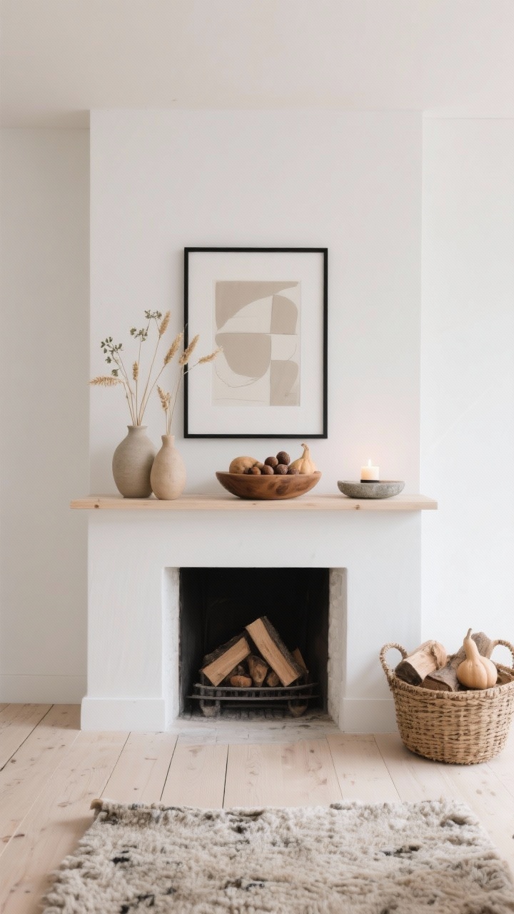Photorealistic medium, minimalist straight-on shot of Scandinavian slow-living mantle: chalk-white surround, slim pale wood mantle shelf, bleached oak floors. Centered rectangular black-framed abstract neutral print. Raw ceramic bud vases holding dried lunaria and oat stems. Low hand-carved wooden bowl filled with acorns and pale gourds. One stone candle in a shallow dish, gently lit. Negative space emphasized. Color story: bone, soft tan, oat, with black accents. Visible textures: nubby wool rug at the hearth, woven basket with neatly stacked firewood. Soft, diffuse daylight for serene mood.