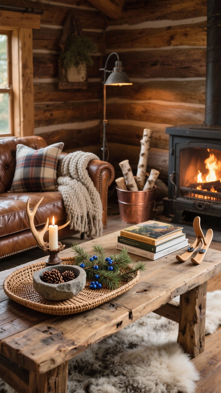Photorealistic medium shot, cozy corner angle, of a reclaimed wood coffee table topped with a woven rattan tray. Inside: a faux antler candleholder flickering, a stone bowl of pinecones, a short stack of outdoorsy coffee table books, and sprigs of juniper with blue berries tucked in. Warm, firelit cabin ambience. Surroundings: a saddle leather sofa with wool plaid pillows and a chunky knit throw, a sheepskin rug, an iron floor lamp, and birch logs in a copper bucket by the fireplace. A small wooden ski ornament rests on the books.