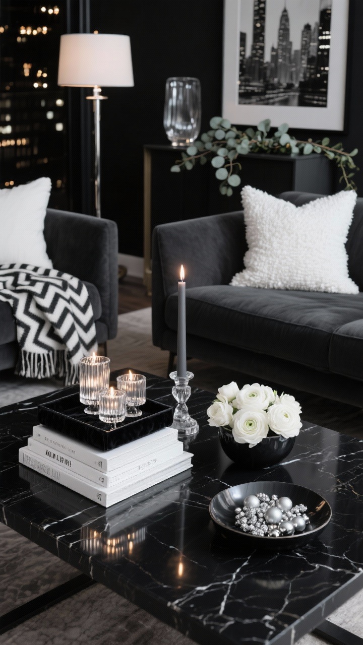 Photorealistic medium shot from a low corner angle of a black marble coffee table styled in a modern monochrome palette. On top: a rectangular black lacquer tray lined with velvet, clustered mercury glass candleholders glowing softly, a stack of white art books, a tight bowl of white ranunculus, and a shallow dish sprinkled with silver mini ornaments. Background shows a charcoal sofa with white bouclé pillows, a black-and-white herringbone throw, a chrome floor lamp, black-and-white city photography, and a frosted eucalyptus garland on a console. Add a single tall graphite taper candle in a crystal holder for height. Nighttime ambience with twinkling reflections.