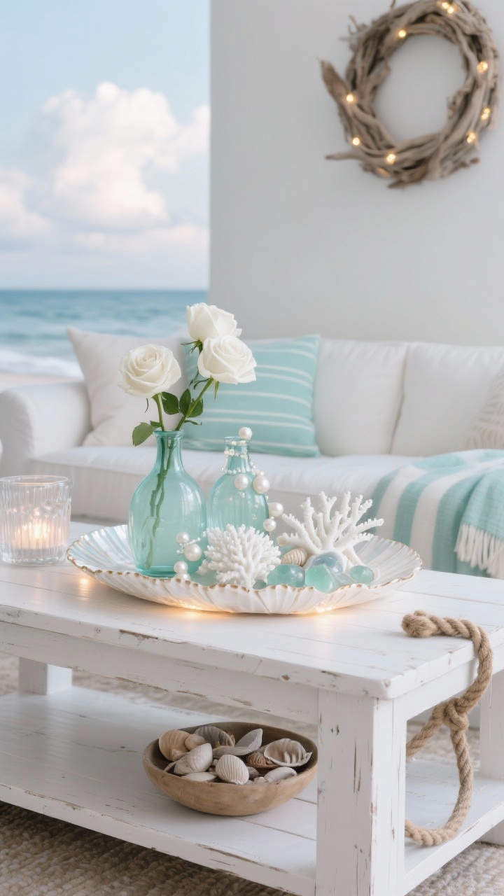 Photorealistic medium shot from a seaside-bright side angle of a whitewashed wood coffee table with a capiz shell tray softly glowing. In the tray: seafoam glass vases with white roses, pearlized ornaments clustered, and white ceramic coral accents; frosted glass hurricanes emit a misty glow. Background shows a cloud-white sofa with sea-glass pillows and an ivory/pale aqua striped throw, a driftwood wreath on the wall, and a bowl of shells laced with tiny fairy lights. A rope knot doorstop rests on the table’s lower shelf.