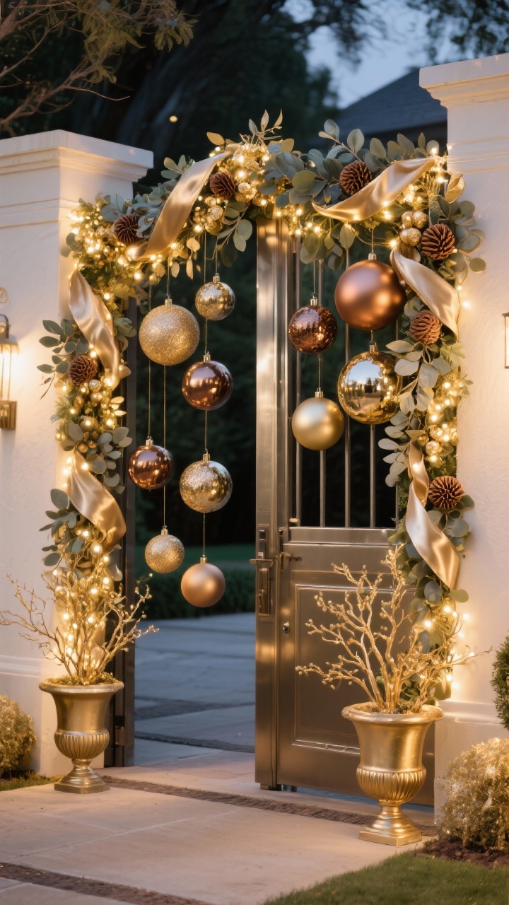 Photorealistic medium shot, luxurious metallic holiday styling on a driveway gate: frame wrapped in mixed metallic garlands featuring gold eucalyptus, bronze seed pods, and champagne-tinted leaves; soft warm twinkle lights woven throughout; oversized metallic baubles (gold, bronze, champagne) hung at staggered lengths for dramatic depth; a pair of planter urns at the entrance holding faux gilded branches; color palette of champagne, gold, bronze, and soft ivory; brushed metal and satin ribbon textures highlighted by warm-white LEDs; elegant evening glow, no people.