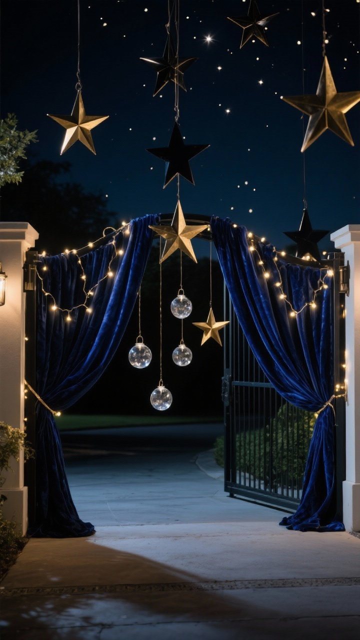 Photorealistic medium shot, moody celestial styling on a driveway gate at night: navy velvet ribbon wrapped around the gate frame; metal star pendants in brushed brass and matte black suspended at staggered heights; random, organic drapes of micro-fairy lights creating a constellation effect; a few hanging clear glass orbs with tiny LEDs for dimensional sparkle; color palette of midnight blue, black, brass, and soft gold light; use low-lumen glow for an ethereal mood; dark sky backdrop with subtle reflections, no people.