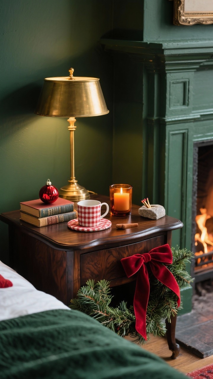 Photorealistic medium shot of a classic hearth-inspired bedside scene: dark wood nightstand with a warm brass lamp creating a golden glow, a small evergreen garland sprig draped along the base and tied with a cranberry-red velvet ribbon, two vintage books stacked with a red glass ornament on top, a gingham coaster holding a mug, a cinnamon candle in amber glass, and a stone match striker. Color story: deep green, cranberry red, warm brass. Textures: velvet, wood grain, amber glass. Shot from a slight corner angle to evoke fireside coziness.