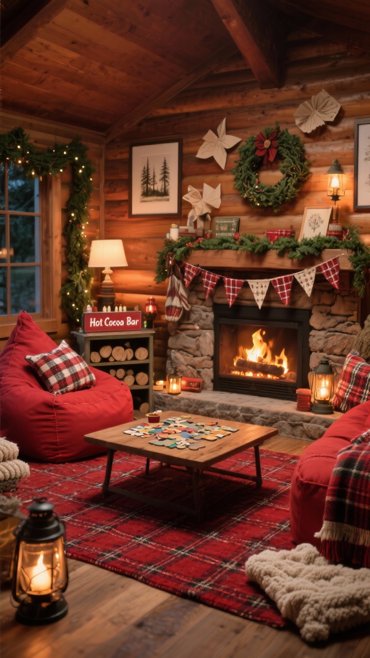 Photorealistic medium shot of a Classic Red Plaid Cabin Lounge: red plaid rug beneath beanbag chairs and a low wooden coffee table with puzzles; faux fireplace backdrop with flame-safe LED logs; framed woodland prints, paper wreaths, and green garlands on the walls; textiles including plaid throws, chunky knit pillows, and fleece floor pads; lantern-style nightlights, plaid bunting, and a tiny “Hot Cocoa Bar” prop shelf; warm, cozy evening lighting, straight-on, snug atmosphere.