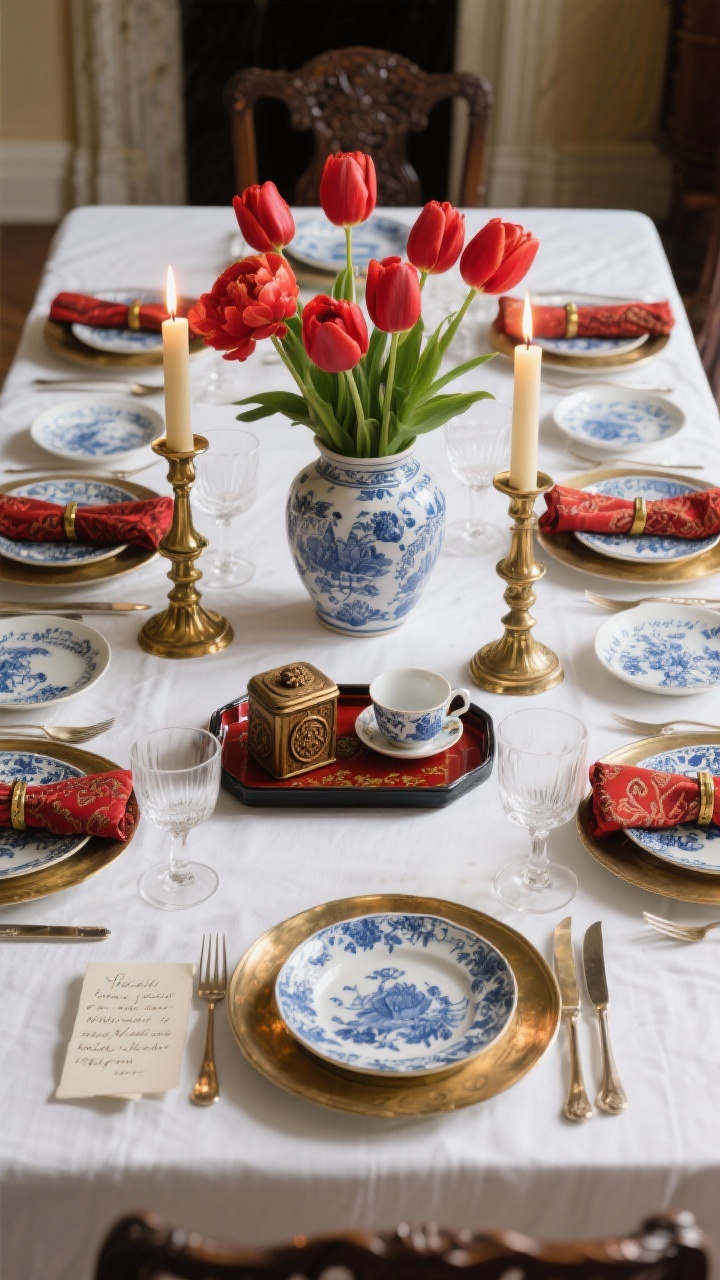 Photorealistic medium shot of a heritage-rich table honoring tradition: crisp white tablecloth, blue-and-white porcelain dinnerware with classic motifs set on antique brass chargers, centerpiece of heirloom vases filled with red tulips or peonies, flanked by brass candlesticks, and a small lacquer tray displaying family keepsakes (a carved seal, a vintage tea tin, a favorite teacup); red brocade napkins with subtle pattern, thin-rimmed modern glassware for heritage-meets-modern contrast, and a handwritten family blessing tucked into each napkin ring; warm, nostalgic glow from candlelight, straight-on perspective.