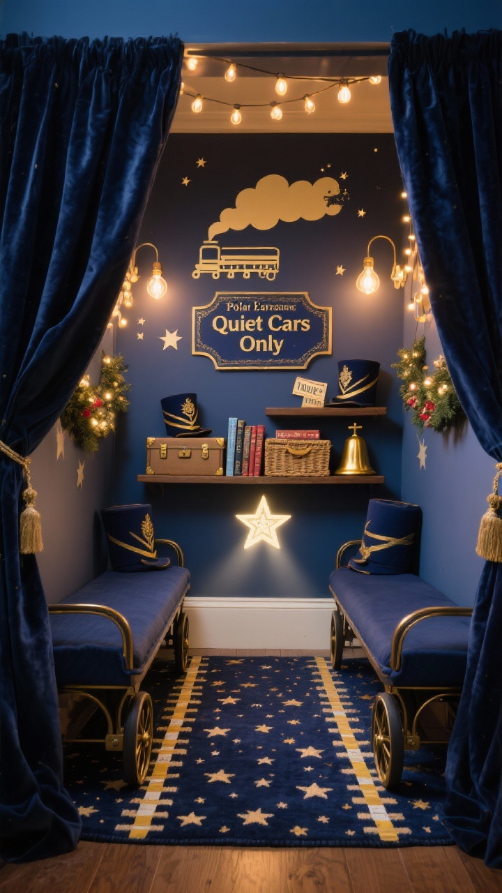 Photorealistic medium shot of a Polar Express Reading Nook: navy-and-gold palette, star-speckled rug, two mini carriage-style benches facing each other with a painter’s-tape “track” between; luggage-style shelf with baskets of classic holiday books; walls with train silhouette decals and puffing steam cloud cutouts; warm Edison-style string lights and a star nightlight projector casting faint stars; navy velvet curtains framing the nook, “Quiet Cars Only” sign, conductor hats, golden tickets, bell garland; soft, magical evening glow, straight-on composition.