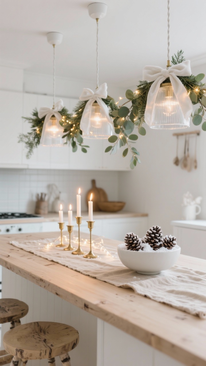 Photorealistic medium shot of a Scandinavian kitchen island under matte white/frosted glass pendants softly wrapped with eucalyptus garland and white velvet ribbon bows at the stems; tiny warm fairy lights tucked into the greenery glow subtly. On the light birch wood island: a linen runner in oatmeal, a cluster of LED taper candles in minimalist brass holders, and a low white bowl filled with snow-dusted pinecones. Palette of soft white, sage green, warm birch, and brass; textures of linen, velvet, frosted glass. Warm 2700K candlelit ambiance; calm Nordic serenity; no people.