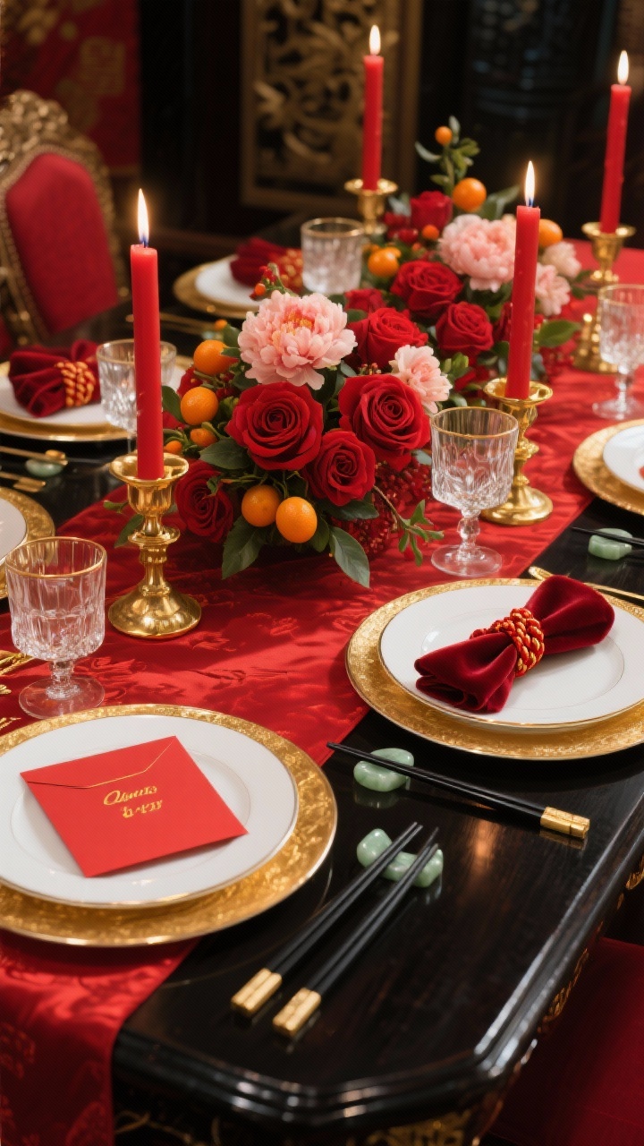 Photorealistic medium shot of an opulent Lunar New Year dining table styled in Imperial Crimson and high-shine Gold on a dark wood/black lacquer table, featuring a red silk table runner, round gold chargers topped with white porcelain plates with a thin gold rim, black lacquer chopsticks resting on jade chopstick rests, gilded candlesticks with crimson taper candles creating warm ceremonial lighting, a low arrangement of red peonies, roses, and ranunculus with sprigs of kumquats, clear crystal glassware with gold-banded rims, velvet napkins tied with braided red-and-gold cord, and red envelope place cards with names in gold ink; dramatic, glossy, palace-banquet mood, straight-on angle.