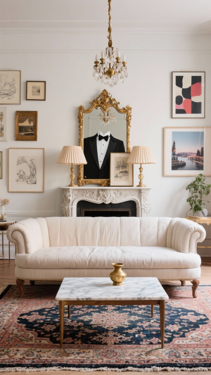 Photorealistic medium shot of Parisian Eclectic Chic focal wall: creamy tuxedo sofa fronting a vintage Persian rug underfoot. A carved wood mantel (faux or real) with a gilded ornate mirror casually leaning atop it. Marble-topped coffee table with a small brass accent object. Gallery wall: sketches, travel photography, bold modern print in mixed frames. Palette notes of cream, blush, charcoal, dusty blue, with brass touches. Lighting from a petite chandelier/pleated lampshade pair, warm and theatrical.