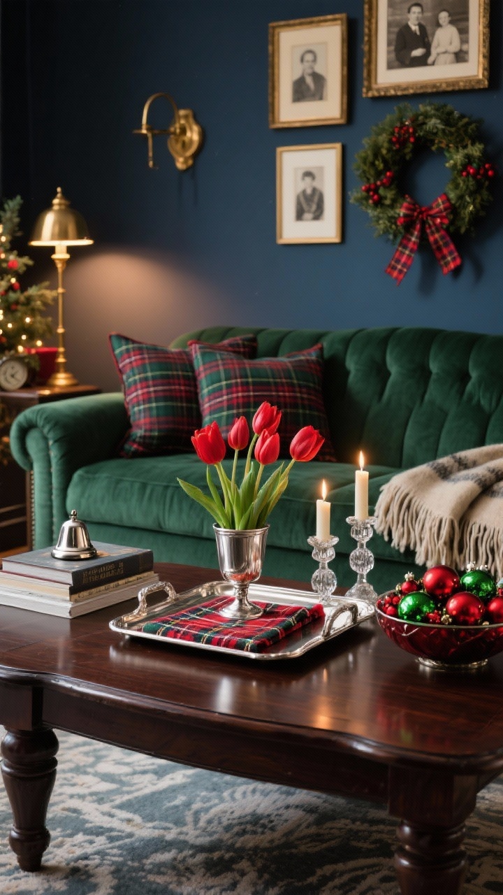 Photorealistic medium shot, straight-on, of a dark cherry coffee table with a silver gallery tray. Inside the tray: a folded tartan runner, a silver julep cup filled with red tulips or holly, classic crystal candlesticks aglow, and a bowl of red and green glass ornaments. Warm, polished holiday lighting. Background: a navy or hunter green sofa with tartan pillows and a fringed wool throw, brass picture lights, family portraits, and tartan ribbon on wreaths. A small silver bell or vintage pocket watch sits atop a book stack.