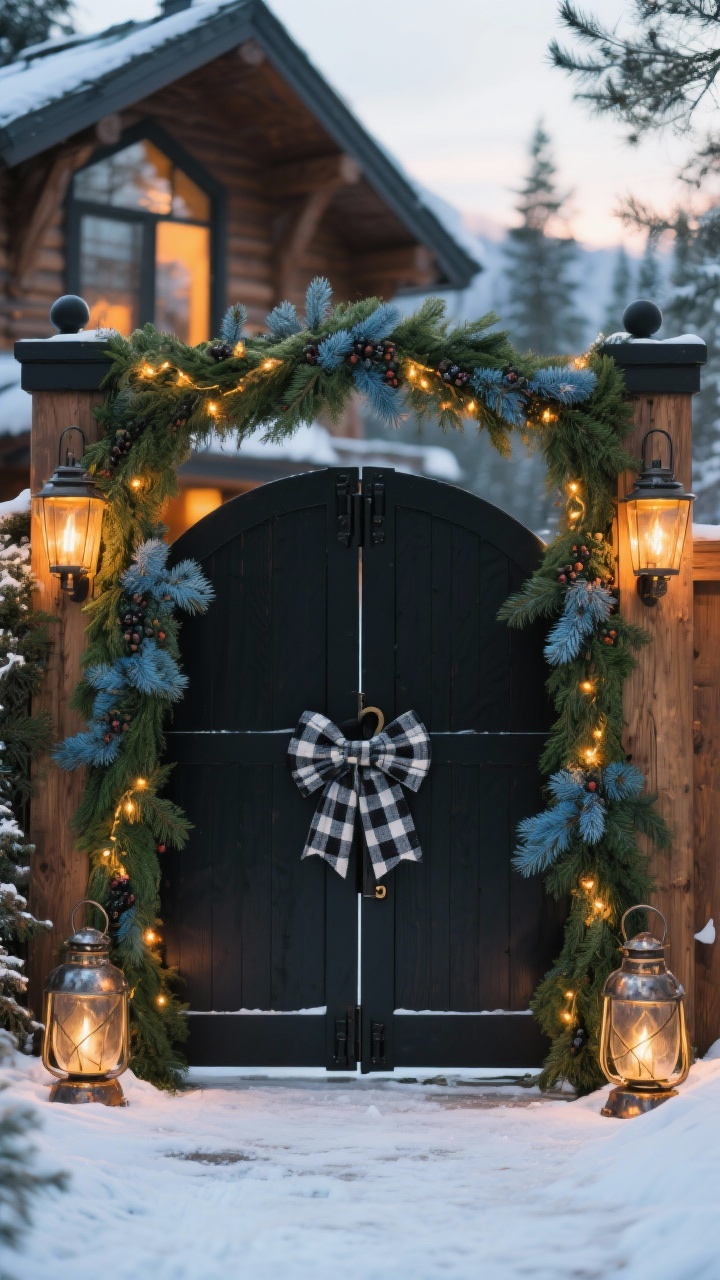 Photorealistic medium shot, straight-on view of a driveway gate styled like an alpine ski chalet: thick cedar garland wrapped around matte black gate posts with tucked blue spruce sprigs and juniper berries for layered woodland texture; warm amber string lights woven through the greenery; hammered metal lanterns glowing at the base of each post; a bold buffalo plaid bow on the latch; color palette of forest greens, wood tones, matte black hardware, and warm gold light; let the garland drape naturally for an effortless lodge feel; dusk lighting with gentle amber glow on snow-dusted ground, no people.