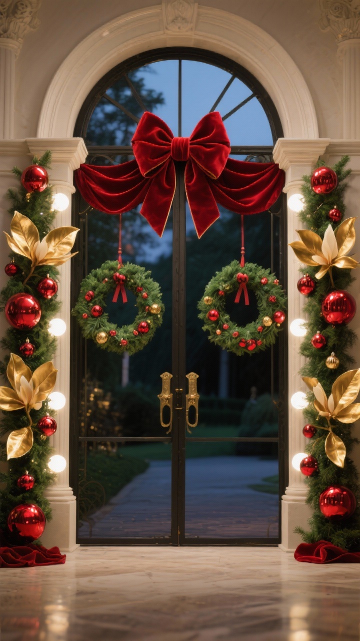 Photorealistic medium shot, symmetrical and regal gate styling: oversized crimson velvet bows anchoring each post; gold-tipped magnolia leaves adding polished shine; a pair of symmetrical evergreen wreaths hung with velvet ribbon tails; red glass ornaments in varying sizes tucked into the wreaths for depth; warm-white globe lights tracing the gate frame; color palette of crimson, emerald, magnolia green, and antique gold; textures of velvet, glossy glass, and lacquered magnolia; twilight scene with a refined, timeless mood, no people.