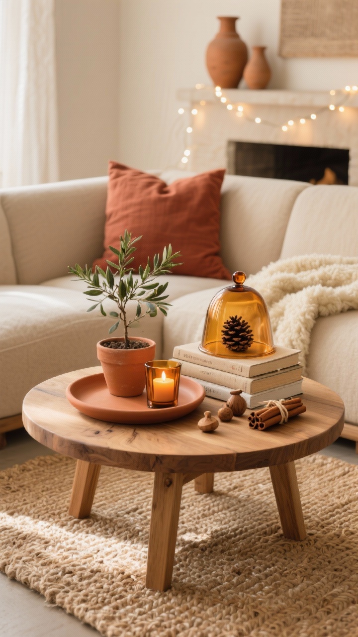 Photorealistic medium shot, warm afternoon light, of a natural oak coffee table topped with a round terracotta tray. Arranged: amber glass candleholders flickering, a terracotta pot with a mini olive tree or rosemary, a stack of linen-bound books, a few wooden ornaments, and a cinnamon stick bundle tied with twine. Earthy, serene mood. Background: beige sectional with rust linen pillows and a cream faux shearling throw, woven jute rug underfoot, clay vases on the mantel, and warm white string lights. A soft amber glass bell cloche covers a single pinecone.