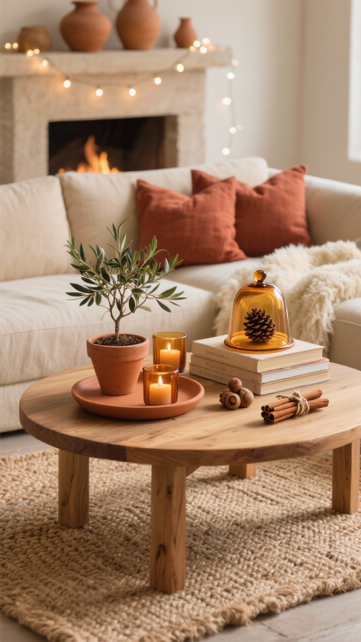 Photorealistic medium shot, warm afternoon light, of a natural oak coffee table topped with a round terracotta tray. Arranged: amber glass candleholders flickering, a terracotta pot with a mini olive tree or rosemary, a stack of linen-bound books, a few wooden ornaments, and a cinnamon stick bundle tied with twine. Earthy, serene mood. Background: beige sectional with rust linen pillows and a cream faux shearling throw, woven jute rug underfoot, clay vases on the mantel, and warm white string lights. A soft amber glass bell cloche covers a single pinecone.
