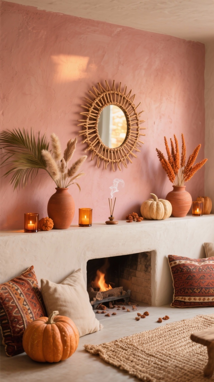 Photorealistic medium shot with asymmetrical styling, viewed slightly off-center: warm plaster mantle or limewash wall in clay pink as a soft, earthy backdrop. A rattan sunburst mirror (or woven wall plate) as focal point. Terracotta vases in varying heights filled with dried palm fronds, bunny tails, and burnt orange millet. Linen pumpkins in sandy neutrals and rust scattered along the shelf. Amber glass votives glowing; a single incense holder with a wisp of smoke. Palette: terracotta, sand, rust, muted coral. Nearby hints of kilim-patterned pillows and a hand-braided jute mat at the hearth. Sunset-soft, golden-hour lighting.