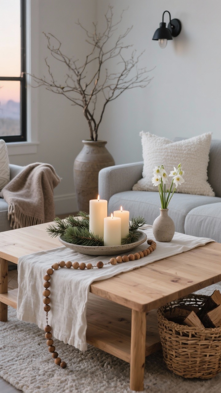 Photorealistic medium, straight-on shot of a light oak coffee table with a folded linen runner down the center. On a stoneware platter: fresh pine boughs, a cluster of unscented cream pillar candles, and a tiny vase of paperwhites. Natural, soft candlelight at dusk. Background includes a pale gray sofa with nubby ivory pillows, a taupe wool throw, a bare branch arrangement in a ceramic floor vase, matte black sconces, and a woven basket with logs. A small wood bead garland drapes casually on the platter.