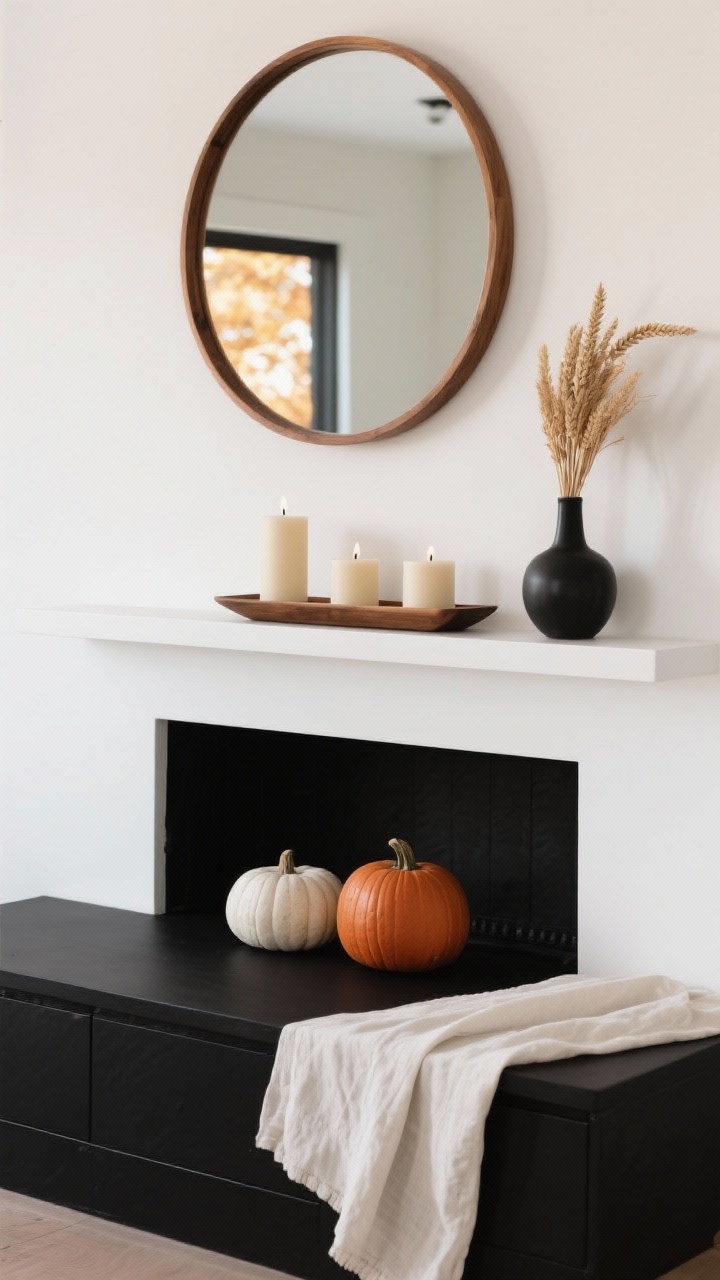 Photorealistic medium, straight-on shot of a modern harvest minimalist mantle: matte black mantle against a crisp white wall, anchored by a large round oak-framed mirror reflecting warm autumn light. Tight palette of caramel, ivory, and black. On the mantle, a low elongated oak tray with three unscented pillar candles in staggered heights, two sleek stoneware pumpkins in chalky white and rust, a slim matte-black vase holding a single dried wheat bundle. A soft linen runner in ivory draped slightly off-center. Textures visible: matte black finish, stoneware, soft linen. Airy, intentional mood with gentle natural daylight.