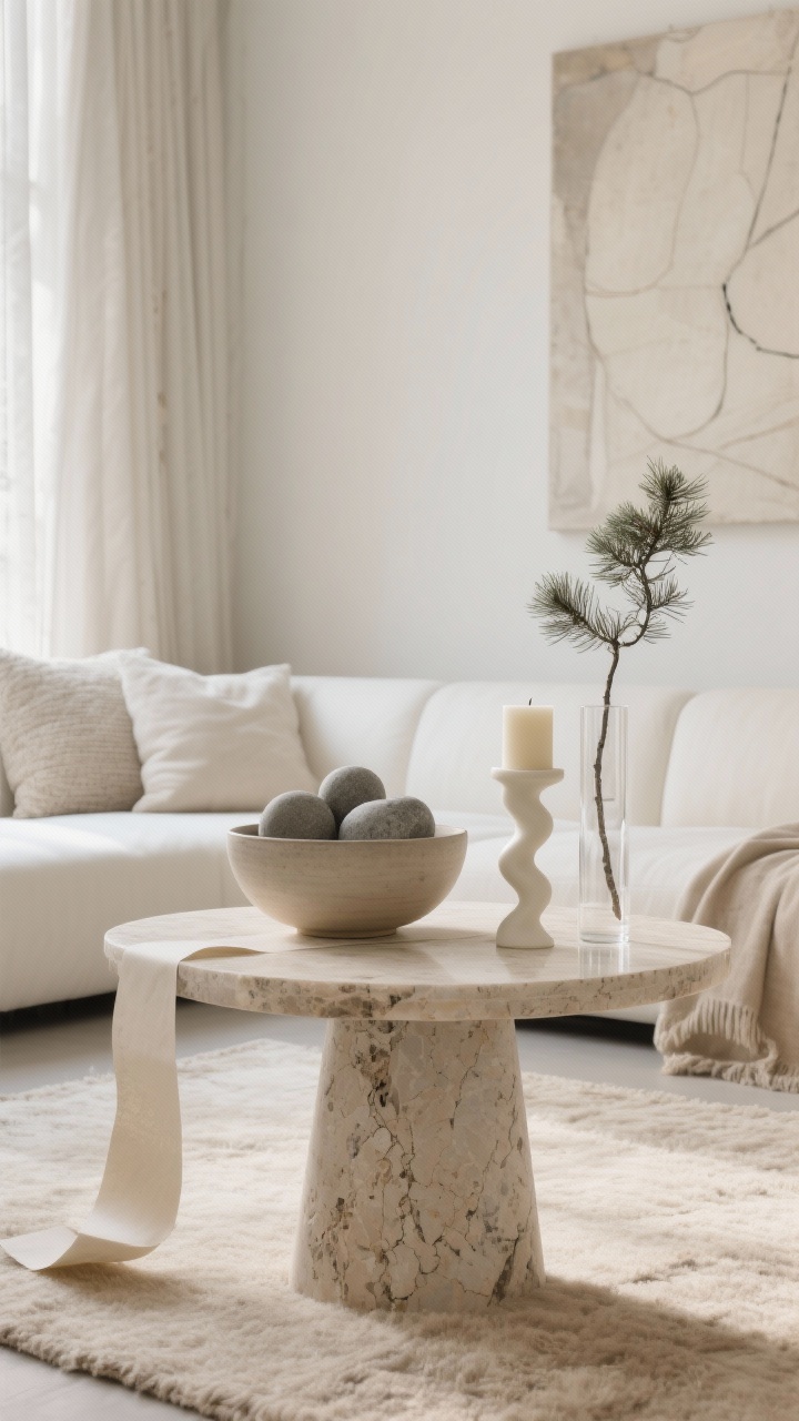 Photorealistic minimal closeup with negative space of a travertine pedestal coffee table. On the surface: a single oversized ceramic bowl holding three matte stone ornaments, a sculptural cream candle (twist/column), and a slender glass cylinder with one fir branch. Soft, diffuse daylight for quiet luxury. Background minimalism: slim ivory sofa with tonal textured pillows and a parchment-colored throw, large abstract art, linen drapes, and a quiet oatmeal wool rug. A folded parchment ribbon peeks from under the bowl.