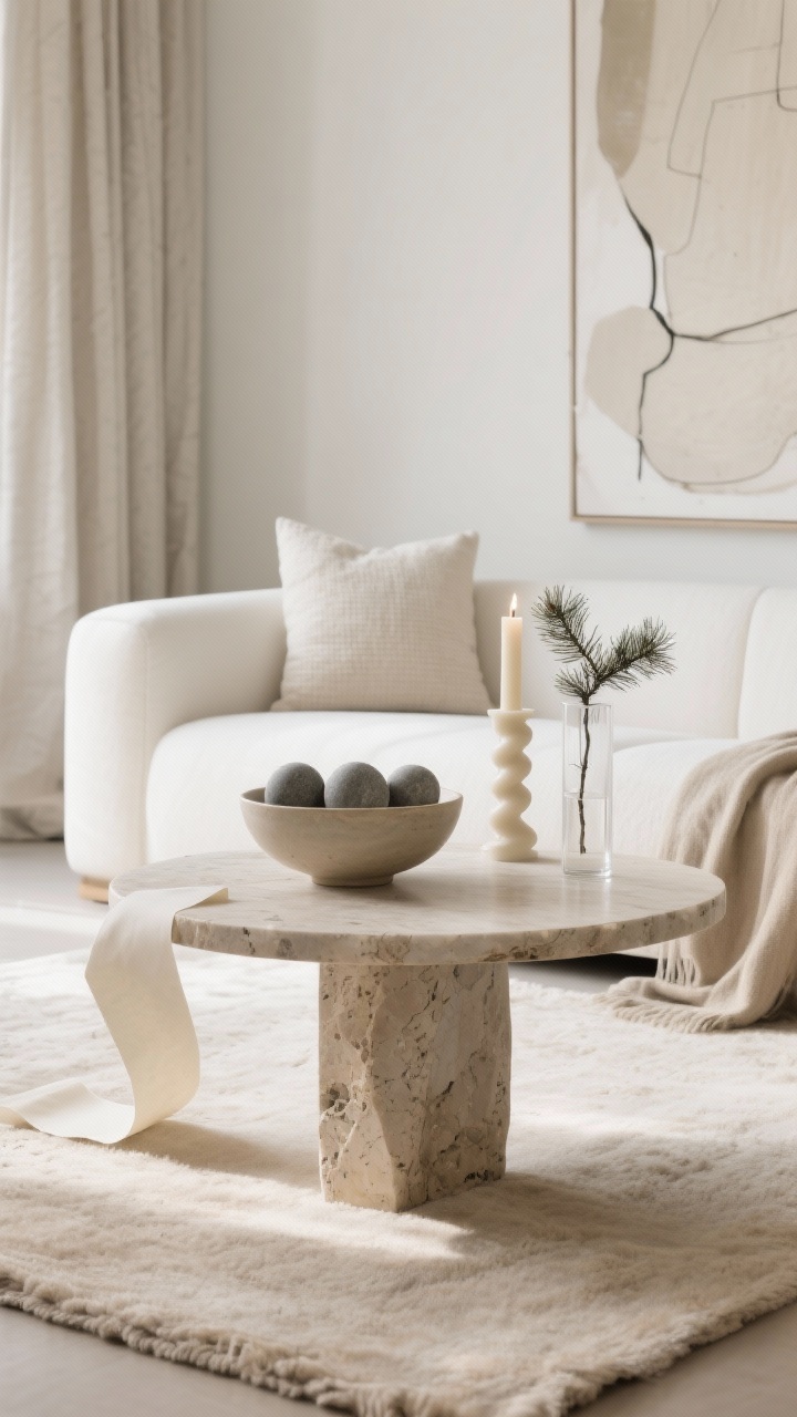 Photorealistic minimal closeup with negative space of a travertine pedestal coffee table. On the surface: a single oversized ceramic bowl holding three matte stone ornaments, a sculptural cream candle (twist/column), and a slender glass cylinder with one fir branch. Soft, diffuse daylight for quiet luxury. Background minimalism: slim ivory sofa with tonal textured pillows and a parchment-colored throw, large abstract art, linen drapes, and a quiet oatmeal wool rug. A folded parchment ribbon peeks from under the bowl.