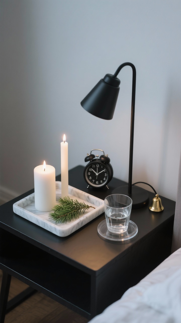 Photorealistic minimalist bedside composition, overhead detail shot: a shallow white marble tray holding two unscented white pillar candles of different heights and a single evergreen sprig tucked alongside, next to a slim black metal lamp base, a matte black alarm clock, and a clear glass of water on a transparent coaster. Color story: black, white, soft green. Textures: marble, matte metal, glass. Add a tiny brass bell ornament for a whisper of shine. Low, calm evening light for a quiet candlelit glow.