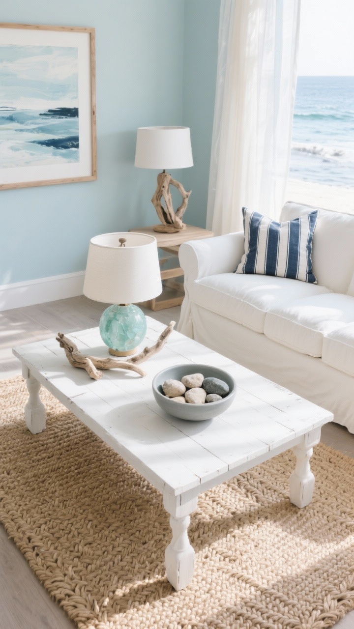 Photorealistic overhead detail of Coastal Calm styling: whitewashed coffee table on a braided jute rug, slipcovered sofa in soft white/oat edge in frame. Palette of misty blue, dune, ivory, with a hit of inky navy in a striped linen pillow corner. On table: matte sea-glass ceramic lamp base edge, bowl of smooth beach stones, driftwood sculpture, natural wood-framed abstract seascape partially visible. Light gauzy curtains diffuse bright coastal daylight; breezy, refined feel.