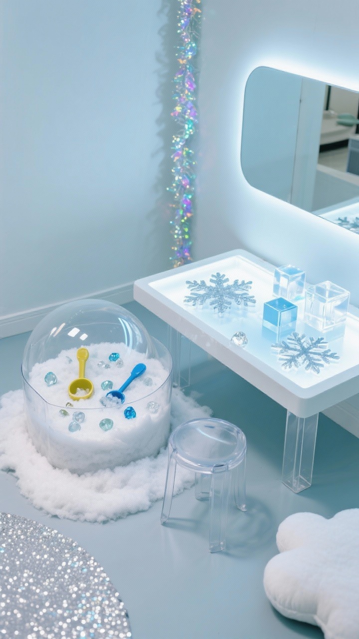 Photorealistic overhead detail shot of a Snow Globe Sensory Studio setup: clear sensory bin filled with faux snow, scoops, and translucent gems; nearby light table surface with acrylic snowflake shapes and clear blocks catching icy blues, silver, and white reflections; foam mat with shimmering silver dots visible at the edge; clear acrylic stool legs and a cloud-shaped floor cushion partially in frame; iridescent garland sparkle and a mirror wall panel reflecting light; cool, soothing illumination.