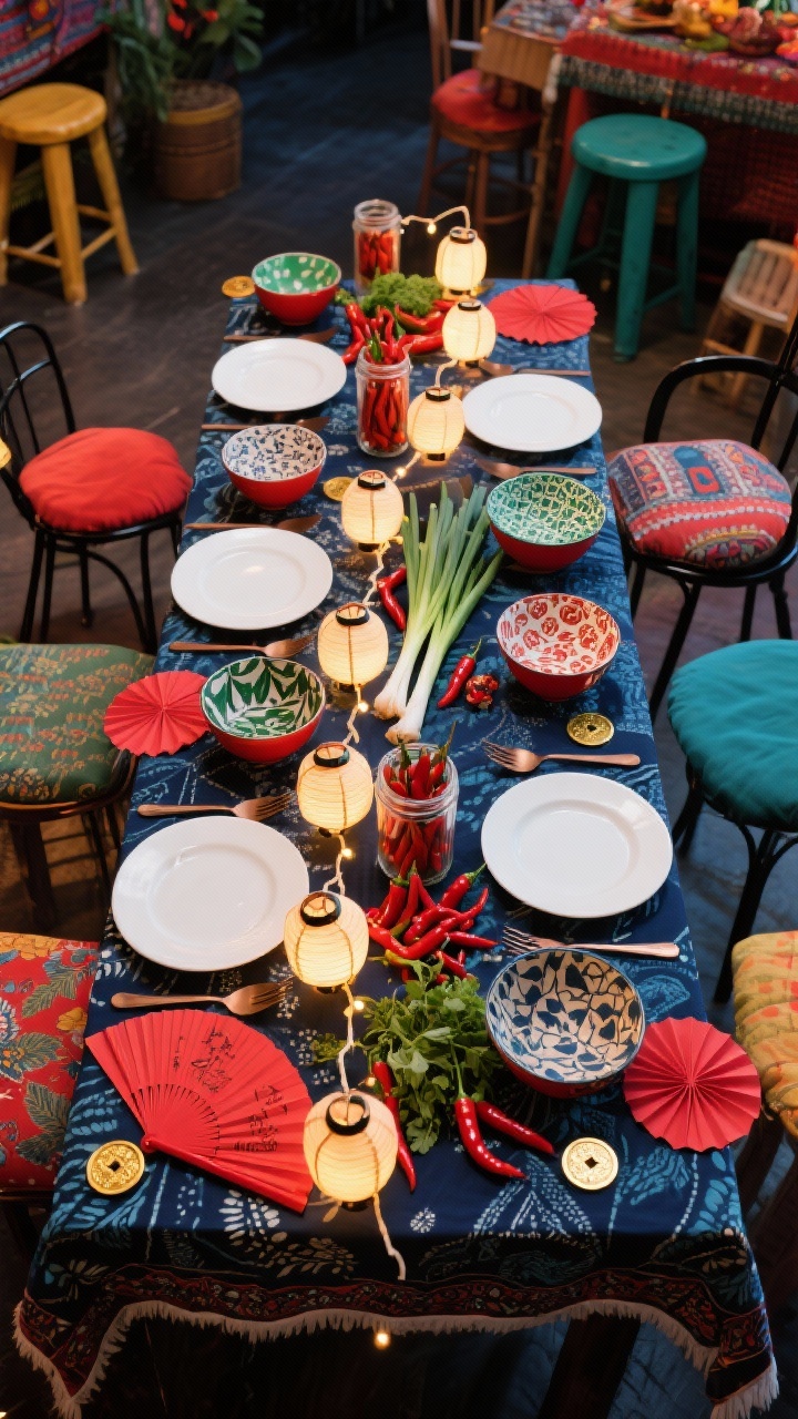 Photorealistic overhead shot of a Lunar Night Market–inspired, eclectic table layered with an indigo batik-style tablecloth, simple white plates topped with mismatched patterned bowls in reds and greens, a string of mini paper lanterns running down the center, jars filled with chili peppers, scallions, and fresh herbs like little market stalls, scattered red paper fans and lucky coins, mixed seating glimpses with stools and chairs and colorful cushions, and matte black/bronze flatware; lively, saturated colors and festive energy, market-night vibrancy.