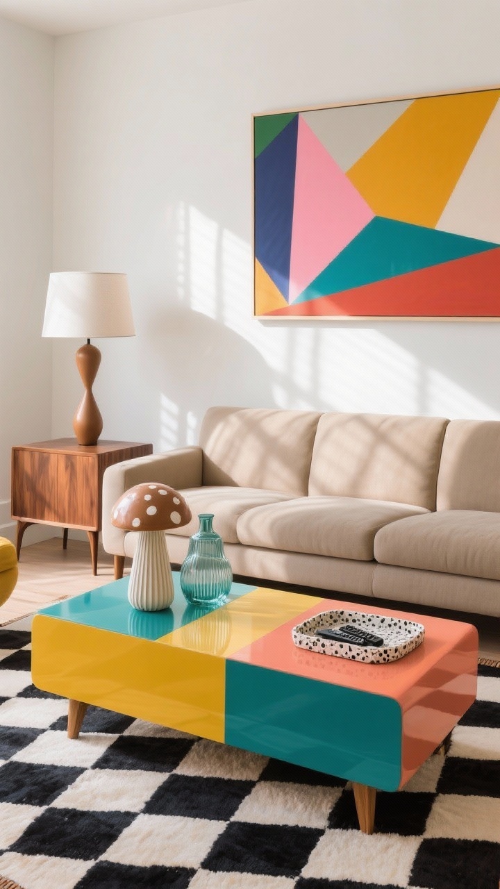 Photorealistic straight-on medium shot of Retro-Modern Color Pop: neutral streamlined sofa (stone/camel) with a low-pile graphic checkerboard rug. A lacquered color-block coffee table with pops of saffron, teal, and coral; walnut media console on tapered legs; sculptural floor lamp. Art: bold geometric prints and a large colorful statement piece over the sofa. Extras styled on console/coffee table: ceramic mushroom lamp, ribbed glass vase, terrazzo tray for remotes. Bright, upbeat daylight with crisp shadows.