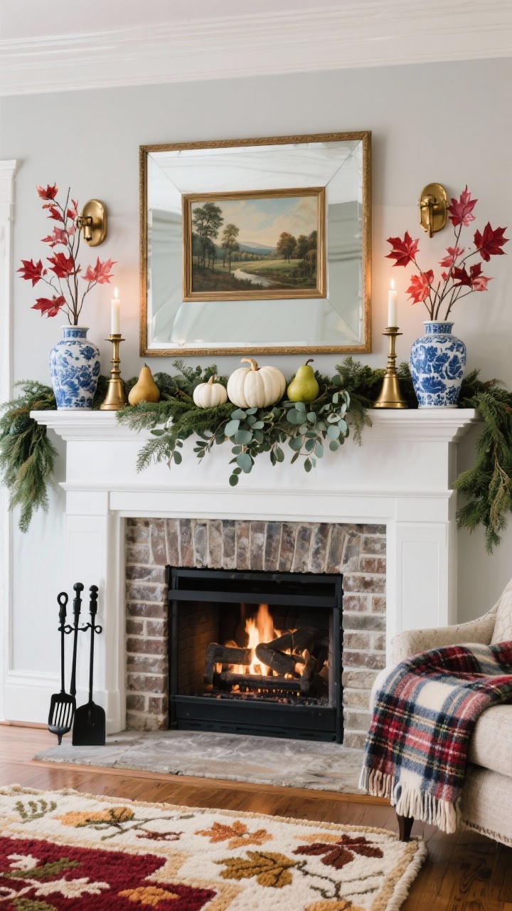 Photorealistic straight-on wide shot of a classic New England hearth: crisp white mantle framing a stone or brick surround, topped by a rectangular beveled mirror or heritage landscape print. Palette throughout: navy, forest, cranberry, cream. Low evergreen-and-eucalyptus garland woven across the mantle, nestled with real or faux pears, small white pumpkins, and brass bells. Blue-and-white chinoiserie vases at both ends with tall maple branches in burnished red. Brass sconces or candlesticks with ivory tapers lit, casting warm glow. Textiles nearby: plaid wool throw and a hooked rug with autumn motifs. Classic black iron fireplace tools standing by. Formal yet inviting ambience.