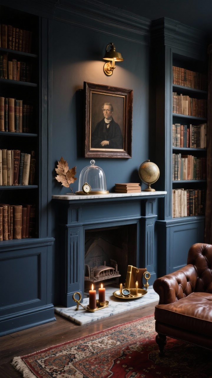 Photorealistic wide library scene from a low corner angle to show depth: mantle and surround painted deep ink blue/charcoal, flanked by built-in bookshelves filled with worn spines and neutral covers. Centered vintage portrait in a dark wood frame, illuminated by an aged brass picture light above. On the mantle, cloche domes over curated objects: dried oak leaves, a pocket watch, miniature globe. Marble tray with cola-brown candles flickering, warming shadows. Additional details: leather-bound journals, magnifying glass, brass bookends. Rich palette of charcoal, tobacco, oxblood, parchment. Persian rug and a tufted leather chair partially visible. Dim, cozy study lighting.