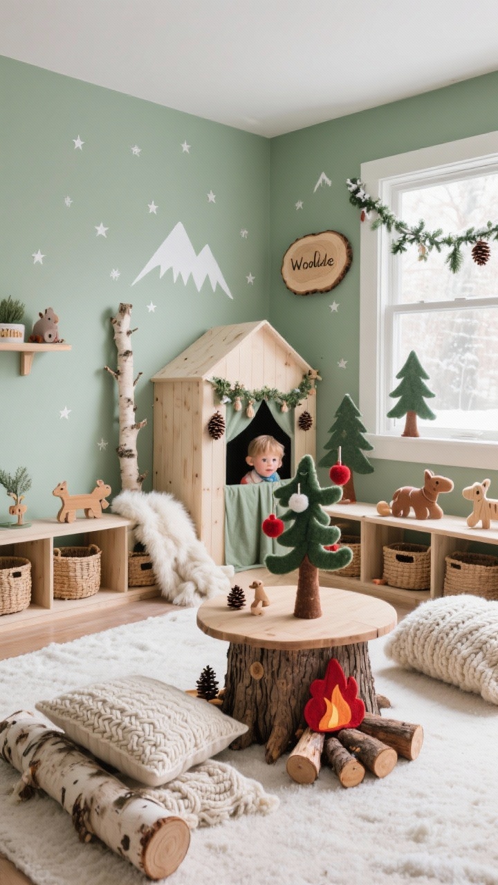 Photorealistic wide room shot of a Woodland Winter Playroom in sage green, soft cream, and natural wood tones with small pops of berry red: zones include a tree stump play table, a felt campfire circle with log pillows, and a forest friends puppet theater; birch-look low shelves and woven baskets; mountain silhouette decals with tiny stars on the walls; faux fur throws and cable-knit cushion covers; tabletop tree with felt animal ornaments, pinecone garlands, and wooden toy animals; snowy felt garland across the window; a wood slice name board for kids; natural daylight with a cozy, calm mood, corner-angle perspective.