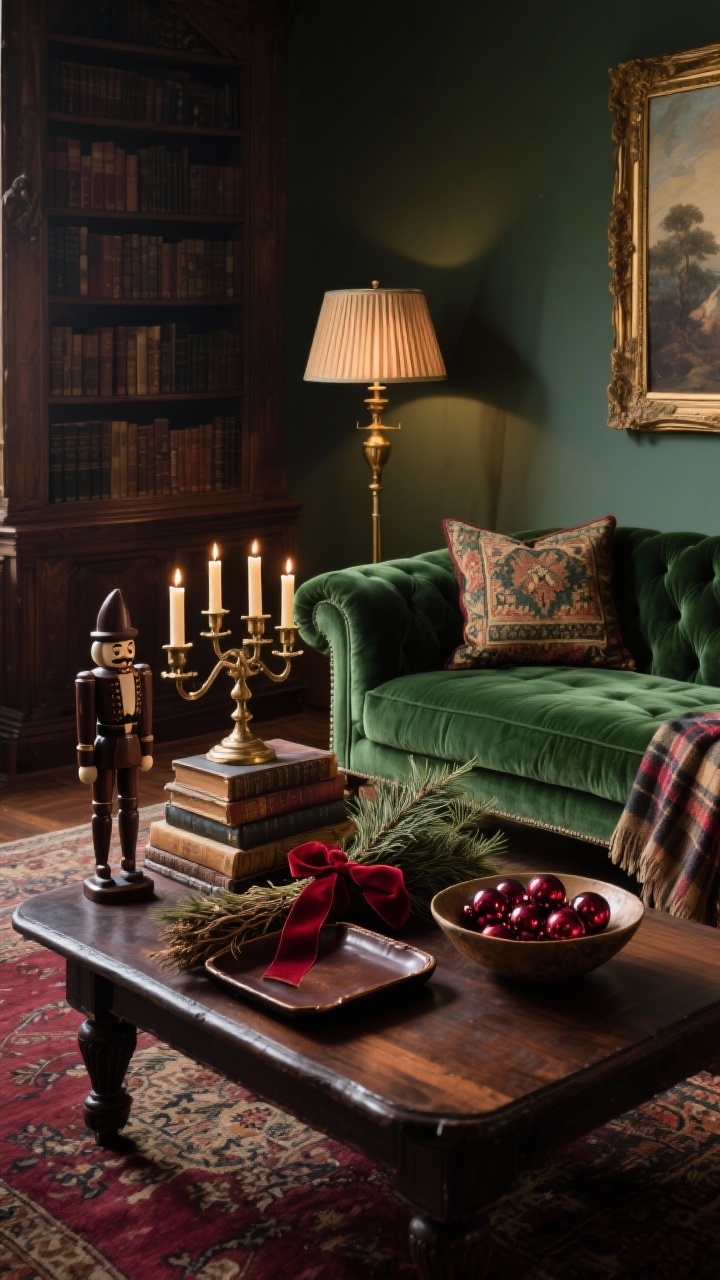 Photorealistic wide room shot with rich, moody lighting of an old-world library setting. A dark walnut coffee table holds a leather-bound tray, a stack of vintage books, a dark brass candelabra with tapered candles aglow, a crimson velvet ribbon tied around a bundle of cedar, and a shallow bowl of garnet glass ornaments. Surroundings: a forest green velvet sofa with a tapestry pillow and cashmere plaid throw, a classic oil painting, a brass floor lamp with a pleated shade, and an antique rug with burgundy tones. A carved wooden nutcracker stands on the table.