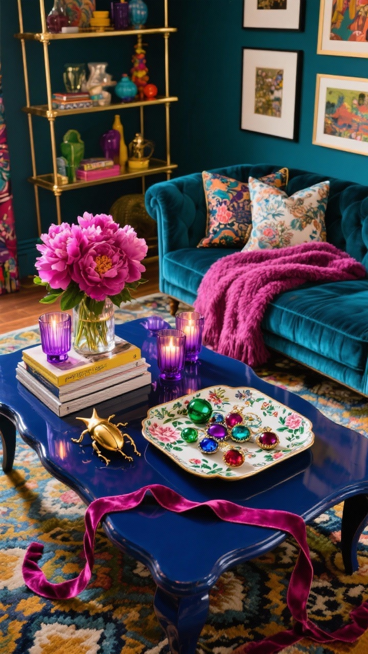 Photorealistic wide shot at a slight overhead angle of a lacquered navy coffee table with a floral chinoiserie tray. Maximalist styling: a lush magenta peony bouquet (faux is fine), amethyst glass votives glowing, a stack of art books, and a dish of mixed jewel-tone ornaments (emerald, sapphire, ruby). Add a quirky gold beetle or star figurine. Vibrant, layered lighting. Background: deep teal velvet sofa with patterned silk pillows and a fuchsia mohair throw, a bold gallery wall, brass etagere filled with colorful objects, and a patterned rug. A draped velvet ribbon snakes through the tray.