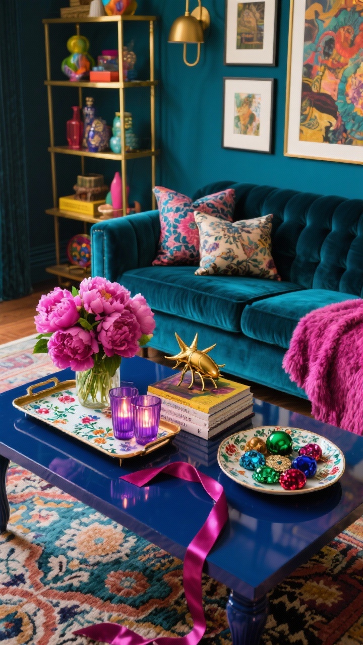 Photorealistic wide shot at a slight overhead angle of a lacquered navy coffee table with a floral chinoiserie tray. Maximalist styling: a lush magenta peony bouquet (faux is fine), amethyst glass votives glowing, a stack of art books, and a dish of mixed jewel-tone ornaments (emerald, sapphire, ruby). Add a quirky gold beetle or star figurine. Vibrant, layered lighting. Background: deep teal velvet sofa with patterned silk pillows and a fuchsia mohair throw, a bold gallery wall, brass etagere filled with colorful objects, and a patterned rug. A draped velvet ribbon snakes through the tray.