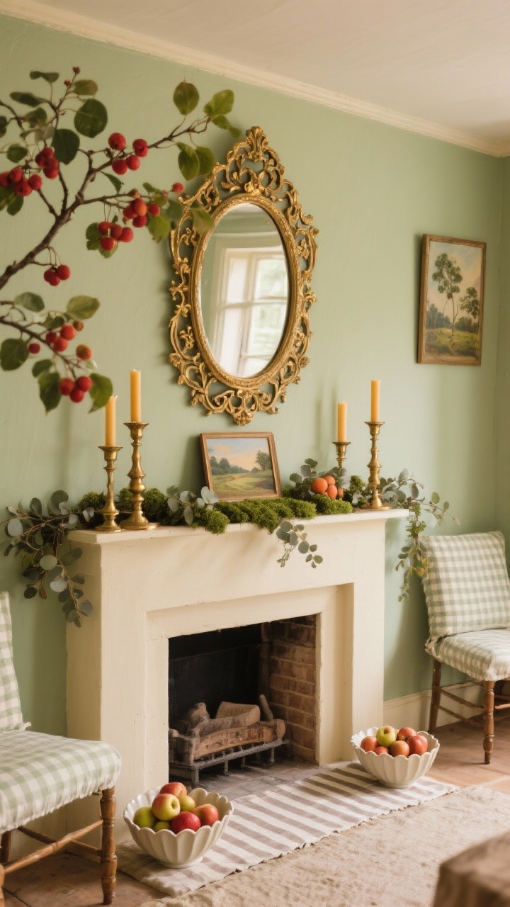 Photorealistic wide shot from a slight corner angle of a cozy cottage orchard mantle scene: warm cream mantle against soft sage-green walls, a vintage-style gold filigree mirror centered above. Layered antique brass candlesticks with beeswax tapers in honey, moss, and terracotta tones. Faux crabapple branches and preserved eucalyptus tucked along the mantle. A small oil landscape leaned casually in front of the mirror. Scalloped ceramic bowls filled with mini apples. A ticking stripe runner softening the base; nearby chairs feature gingham cushion covers. Color story: cream, sage, brass, berry red. Warm, nostalgic, homey lighting.