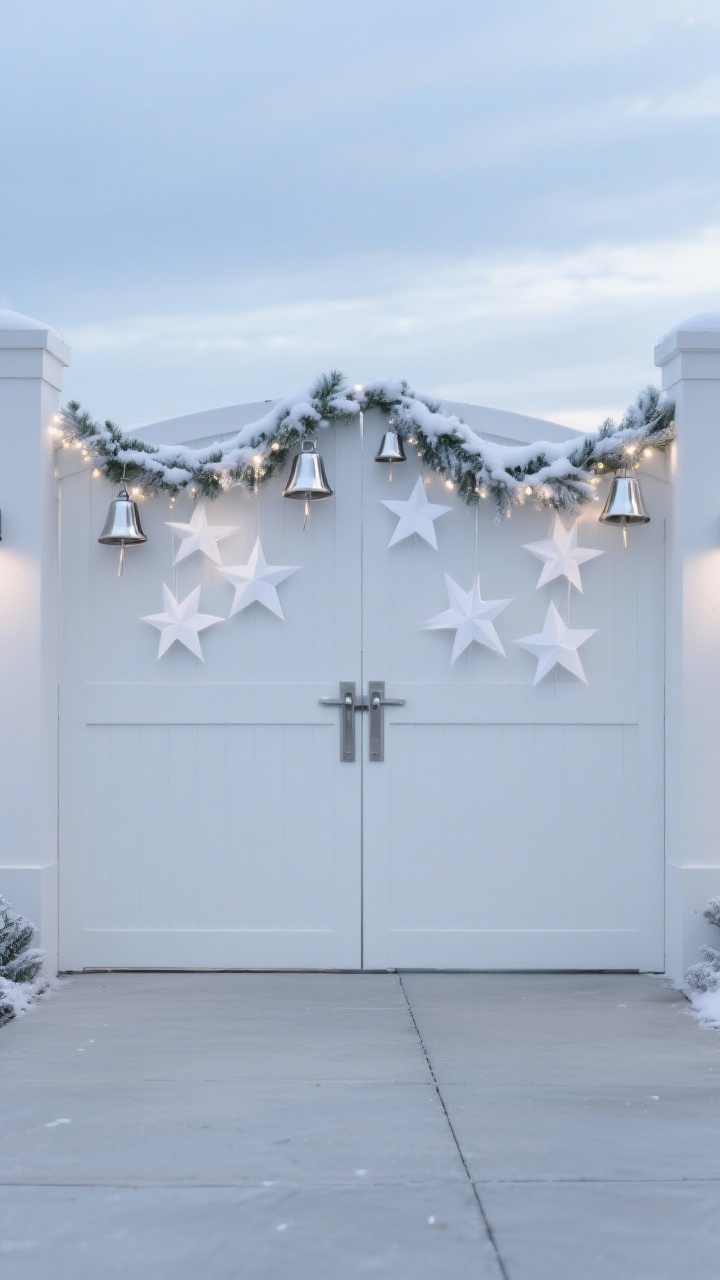 Photorealistic wide shot, minimalist driveway gate in an all-white scene: top rail draped with snowy faux garland; clusters of white paper stars hung at asymmetric heights; a few brushed stainless steel bells clipped along the garland; cool-white micro-LEDs hidden in the greens for a gentle frosty glow; crisp white and soft gray backdrop with cool silver accents; matte finishes only to avoid glare; negative space emphasized; soft overcast evening with subtle blue hour ambiance, no people.