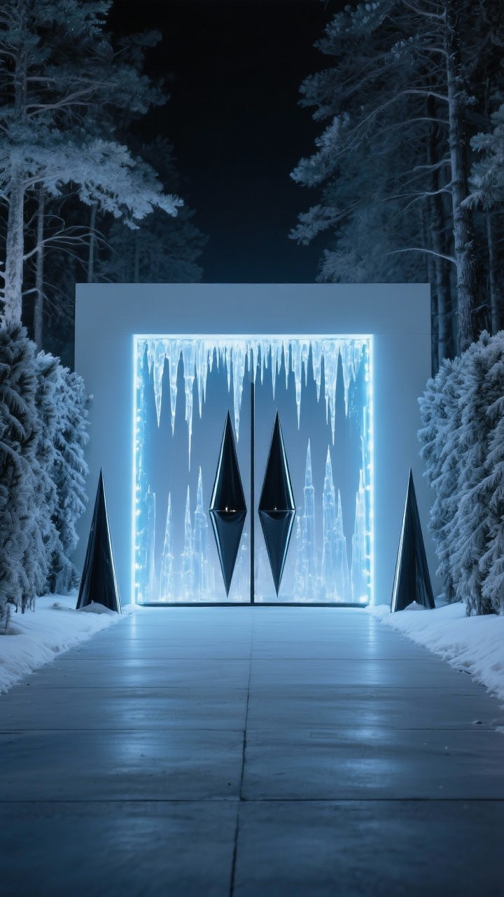 Photorealistic wide shot, modern frosted forest aesthetic on a sleek driveway gate: frosted faux cedar lined along the frame; acrylic icicles clipped to catch and refract light; large-scale matte black ornaments providing stark contrast; ice-blue LED strips tucked along the inner frame for a crisp, linear glow; a pair of minimalist cone trees flanking the driveway; palette of icy blue, frosted white, matte black, and chrome; smooth, clean lines and oversized simple shapes for a gallery-like effect; clear winter night, no people.