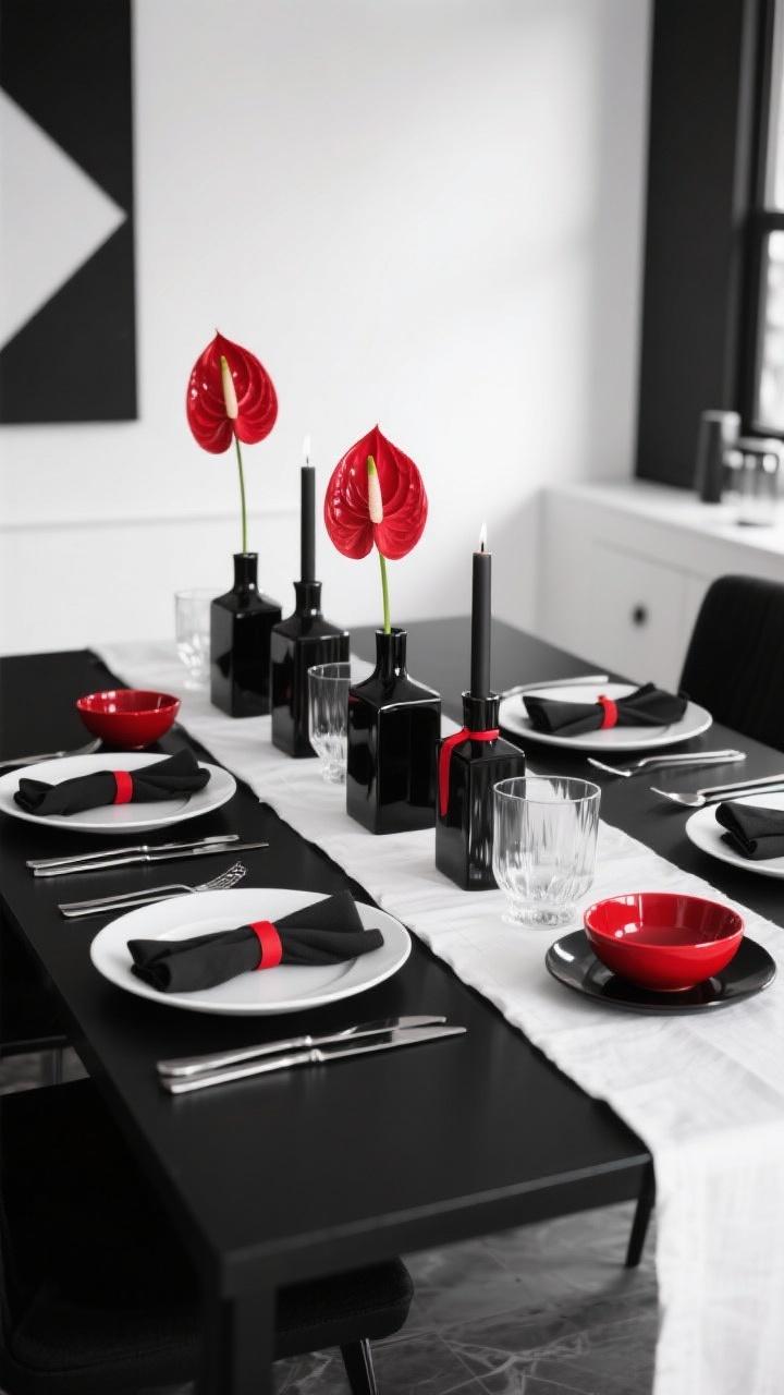 Photorealistic wide shot of a contemporary monochrome dining scene with sharp hits of lacquer red: black table or black runner over white linen, square white plates on matte black chargers, red lacquer bowls/dipping dishes as bold accents, centerpiece of low rectangular vases in a precise row holding a single flower type (red anthurium or tulips), smoked glass candleholders for moody lighting, polished stainless flatware, black cotton napkins tied with a thin red ribbon, and black-and-white geometric placemats; graphic, editorial, high-contrast ambiance, clean straight-on alignment.