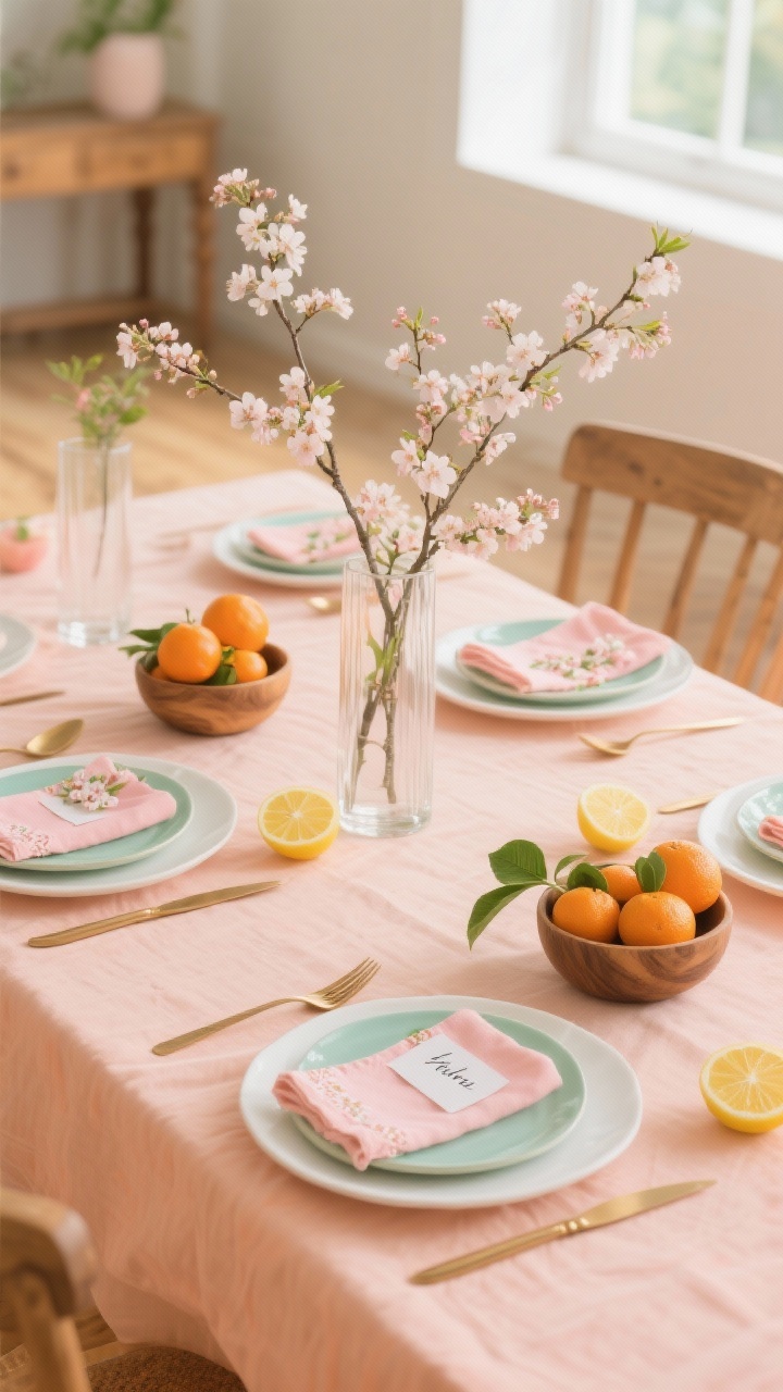 Photorealistic wide shot of a fresh spring-inspired table in soft peach, blush pink, mint, and lemon over warm natural wood, with a pale peach linen tablecloth, matte white plates layered with mint ceramic salad plates and small peach bowls, rustic wooden bowls filled with mandarins and kumquats as a clustered centerpiece, slender glass cylinders holding delicate cherry blossom branches for airy height, blush linen napkins embroidered with blossoms, brushed brass flatware, and a single citrus leaf with a handwritten name tag at each setting; bright daytime natural light, cheerful and airy ambiance, slight corner angle.