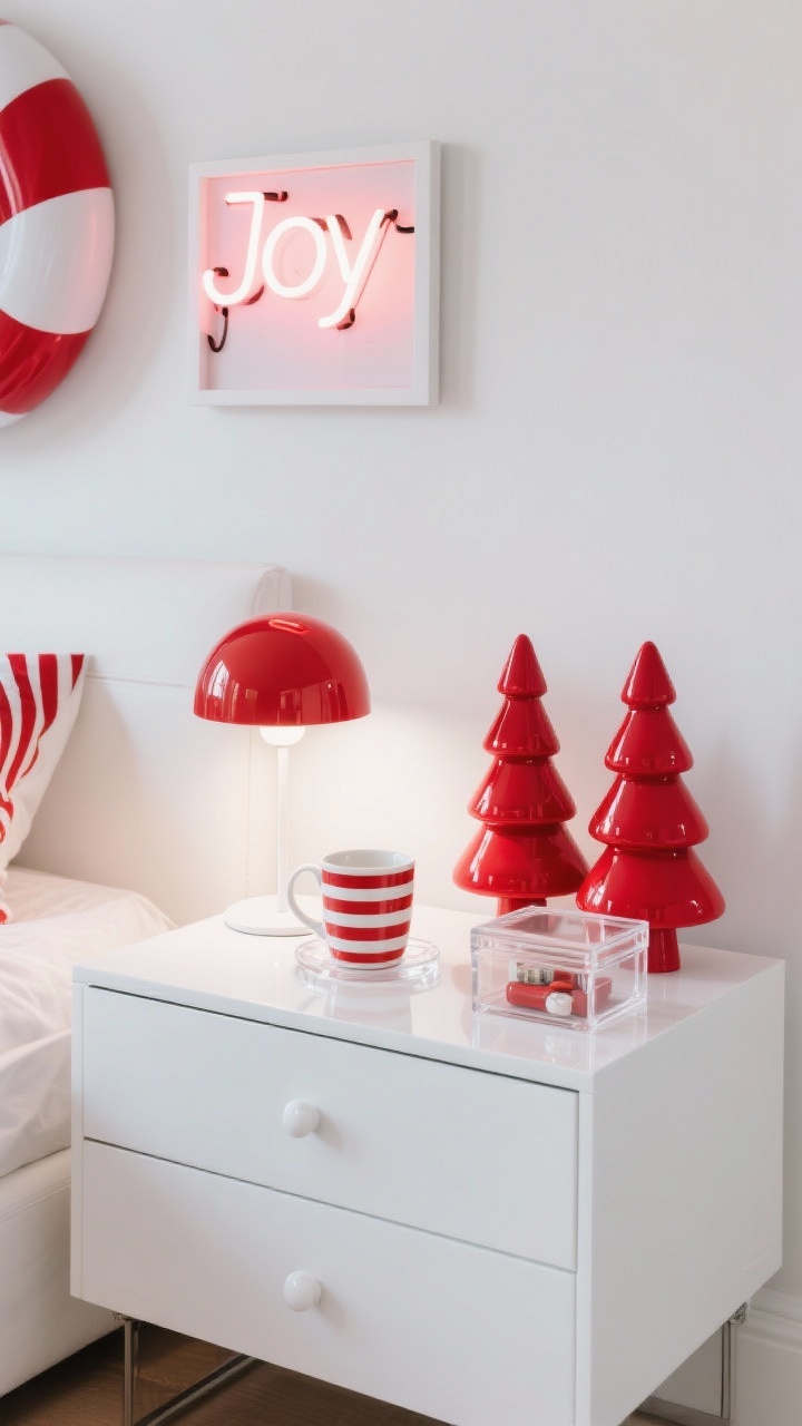 Photorealistic wide shot of a modern candy cane pop bedside: white lacquer nightstand and globe lamp, accents in bold red and white. A red-and-white striped ceramic mug sits on a clear acrylic coaster; a pair of glossy red mini trees stand beside a lucite lidded box organizing small items. On the wall above, a small neon-style LED sign reading “Joy” glows, or a framed minimalist typography holiday print leans. Color story: white, cherry red, crystal clear. Textures: glossy lacquer, acrylic, glass. Clean, straight-on composition with bright, crisp lighting and playful graphic contrast.