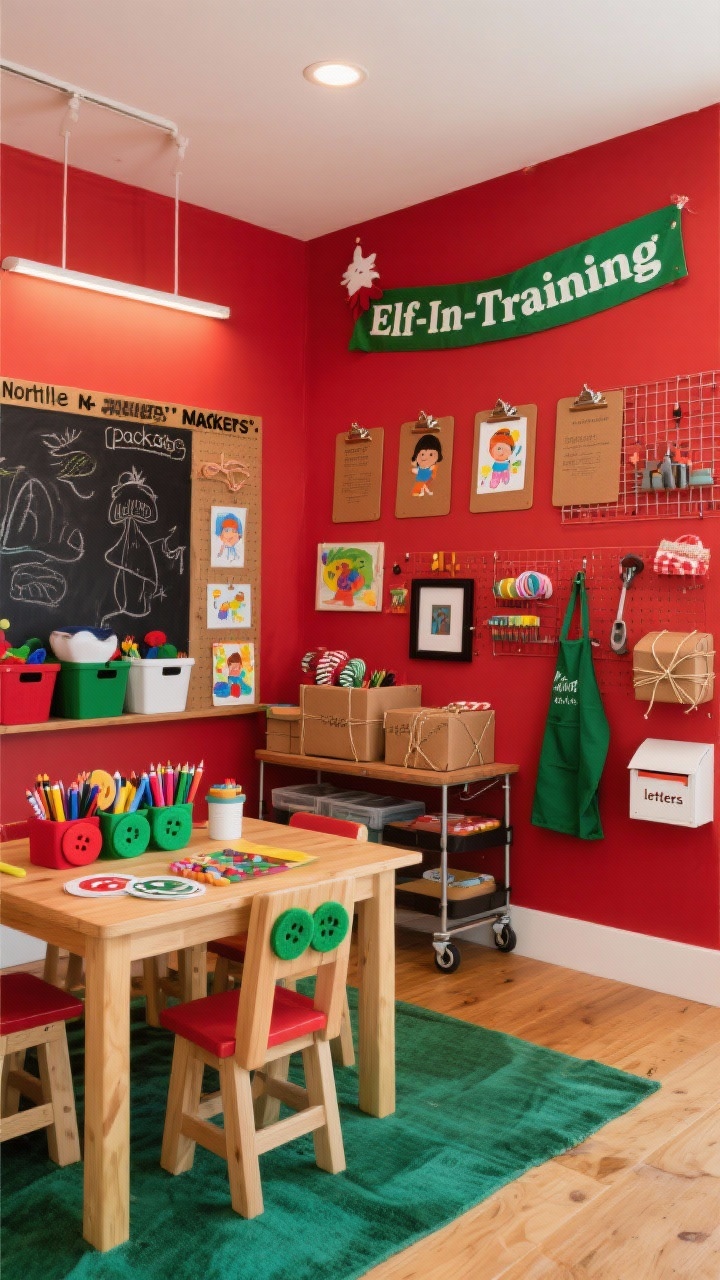Photorealistic wide shot of a North Pole Makers’ Workshop: primary red and green with kraft paper brown and chalkboard black accents; kid-height craft table centered with caddies of felt, oversized buttons, tape, jumbo crayons, and stickers; walls lined with clipboards and wire grids displaying children’s art; “Elf-In-Training” banner, a chalkboard paint section for doodles; labeled bins, rolling cart, and pegboard for tools; washi-tape “package” frames, twine-wrapped boxes, mini mailboxes for “letters”; drop cloth rug and smocks on hooks; bright, even task lighting, energetic and organized vibe, corner-angle view.