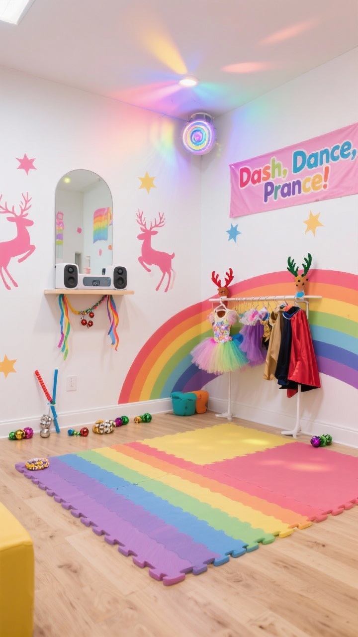 Photorealistic wide shot of a Rainbow Reindeer Dance Room: crisp white walls, light wood floors, bold rainbow accents; color-block foam mat defining the dance zone; wall-mounted kid-safe mirror; high shelf with a Bluetooth speaker; rotating disco light with soft settings casting gentle color washes; walls with rainbow reindeer silhouettes and starburst decals; ribbon wands, jingle bell bracelets, and a large “Dash, Dance, Prance!” banner; low costume rack with tutus, reindeer antlers, and capes; bright, energetic lighting, dynamic corner perspective.
