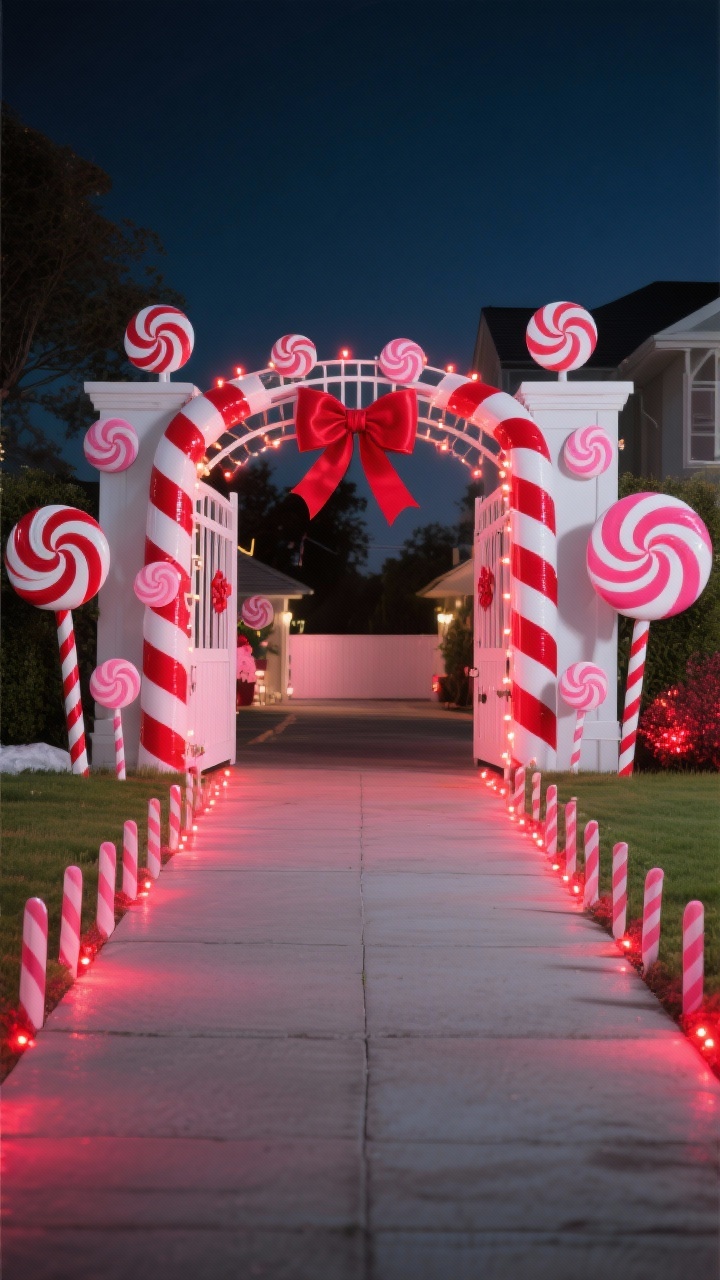 Photorealistic wide shot, playful candy cane theme on a driveway gate: gate posts spiraled with red-and-white ribbon like candy canes; driveway edges lined with candy cane stakes forming a whimsical runway; top rail dotted with peppermint swirls and oversized lollipop props; twinkling red LEDs that pulse slowly, creating a rhythmic cheerful glow; color palette of red, white, and pops of peppermint pink; background yard kept simple so the bold decor takes center stage; night scene with crisp visibility, no people.