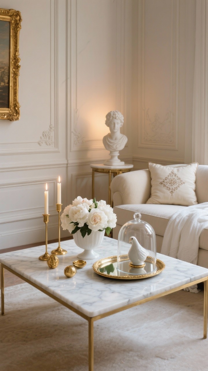 Photorealistic wide, straight-on shot of a Parisian neoclassical living room. A white marble coffee table with slim brass edges features a gilt-edged mirror tray. Styled atop: a low compote of white peonies, gold leaf taper holders with lit candles, a delicate porcelain bust on a small plinth, and a few matte gold ornaments scattered subtly. Elegant, soft evening glow. Background: cream linen settee with an embroidered lumbar pillow and crisp white throw, panelled walls/moulding, antique gold frame art. A slender bell jar cloche covers a single ceramic dove on the table.