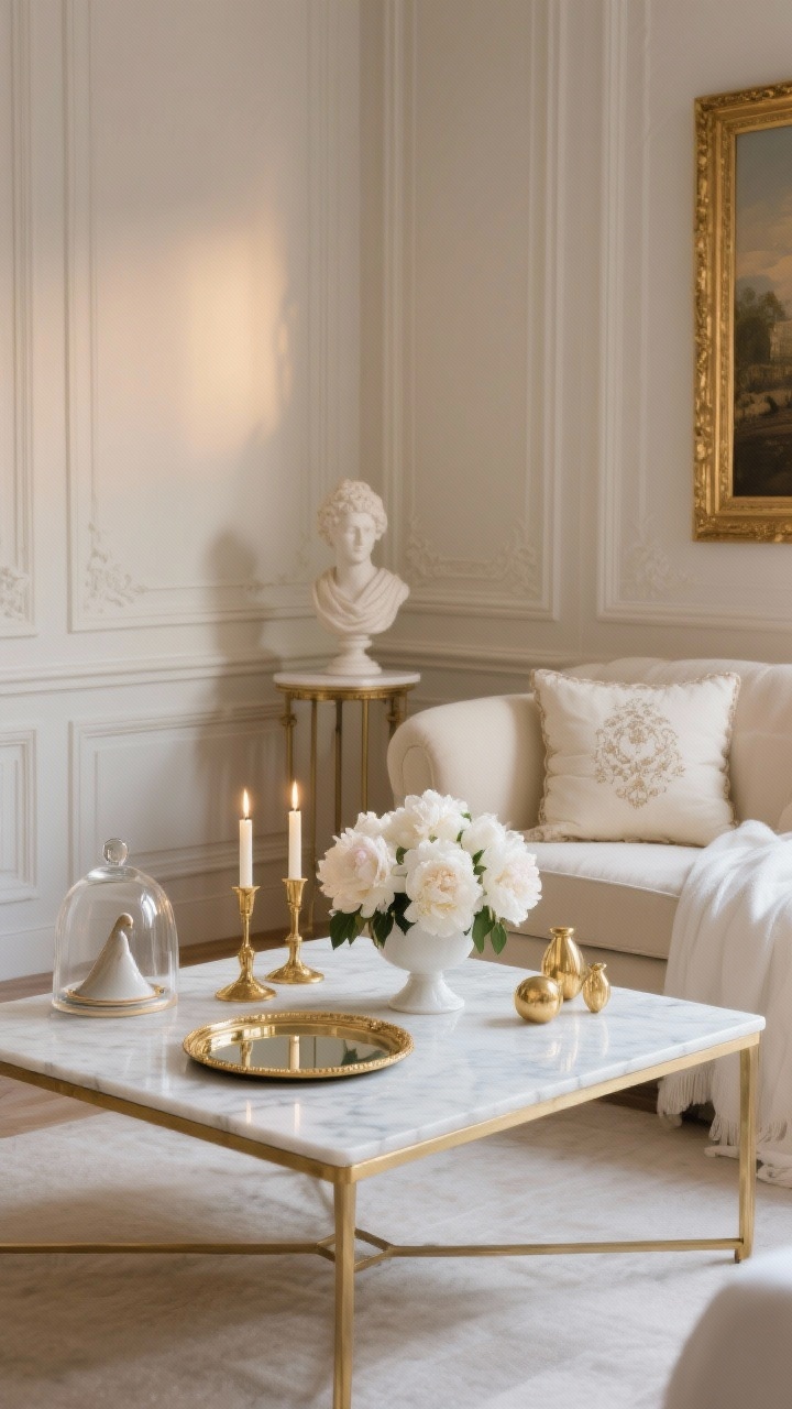 Photorealistic wide, straight-on shot of a Parisian neoclassical living room. A white marble coffee table with slim brass edges features a gilt-edged mirror tray. Styled atop: a low compote of white peonies, gold leaf taper holders with lit candles, a delicate porcelain bust on a small plinth, and a few matte gold ornaments scattered subtly. Elegant, soft evening glow. Background: cream linen settee with an embroidered lumbar pillow and crisp white throw, panelled walls/moulding, antique gold frame art. A slender bell jar cloche covers a single ceramic dove on the table.