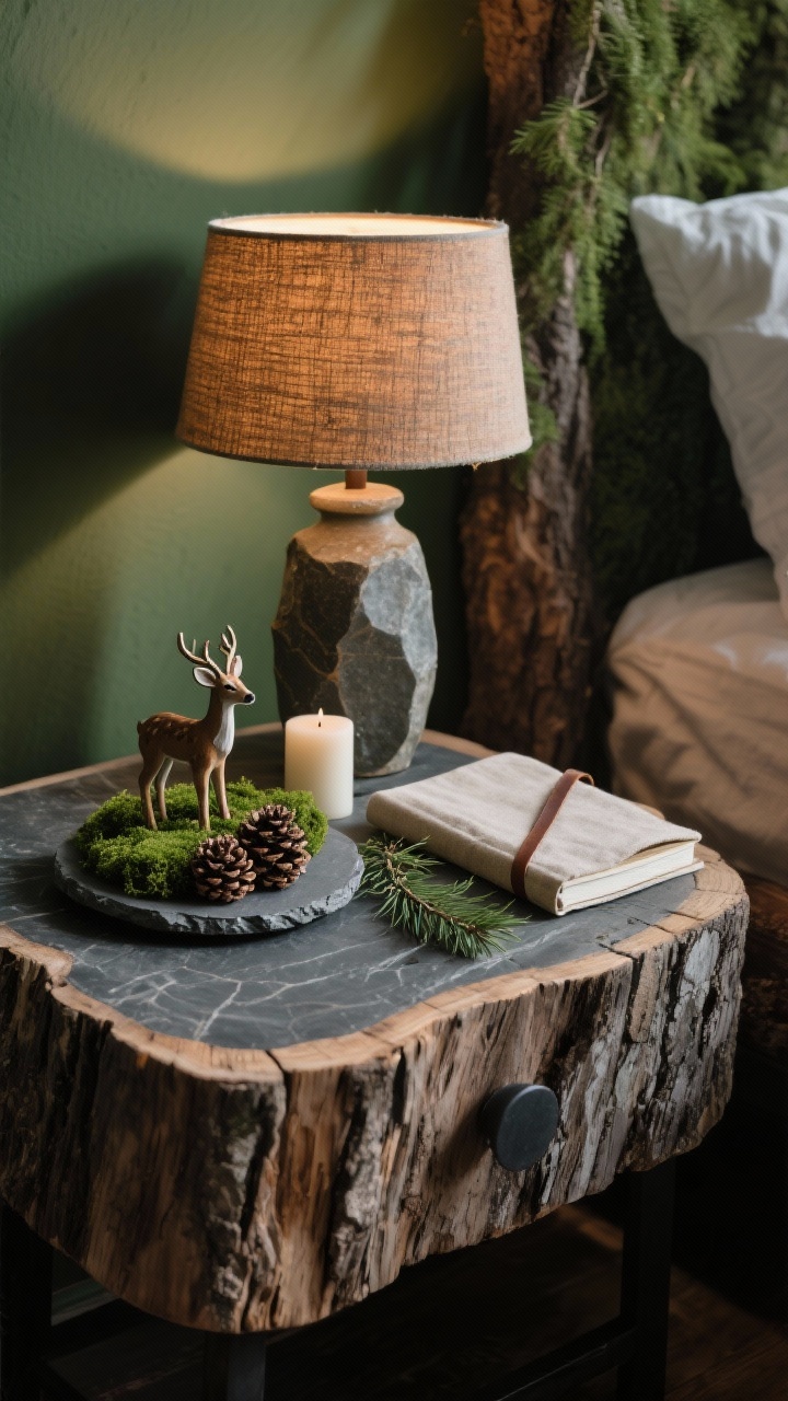 Photorealistic woodland-inspired bedside medium shot: rough-hewn or live-edge nightstand with a stoneware lamp and warm textured shade, a slate or wood slice as the base. On it: a small moss-lined dish with a tiny deer figurine, two pinecones, and a cedar sprig; a smoky cedar candle; and a linen-bound journal with a thin leather bookmark draped over it. Color story: forest green, bark brown, charcoal. Textures: stone, moss, raw wood, linen. Side angle capturing natural, earthy shadows and a retreat-like mood.