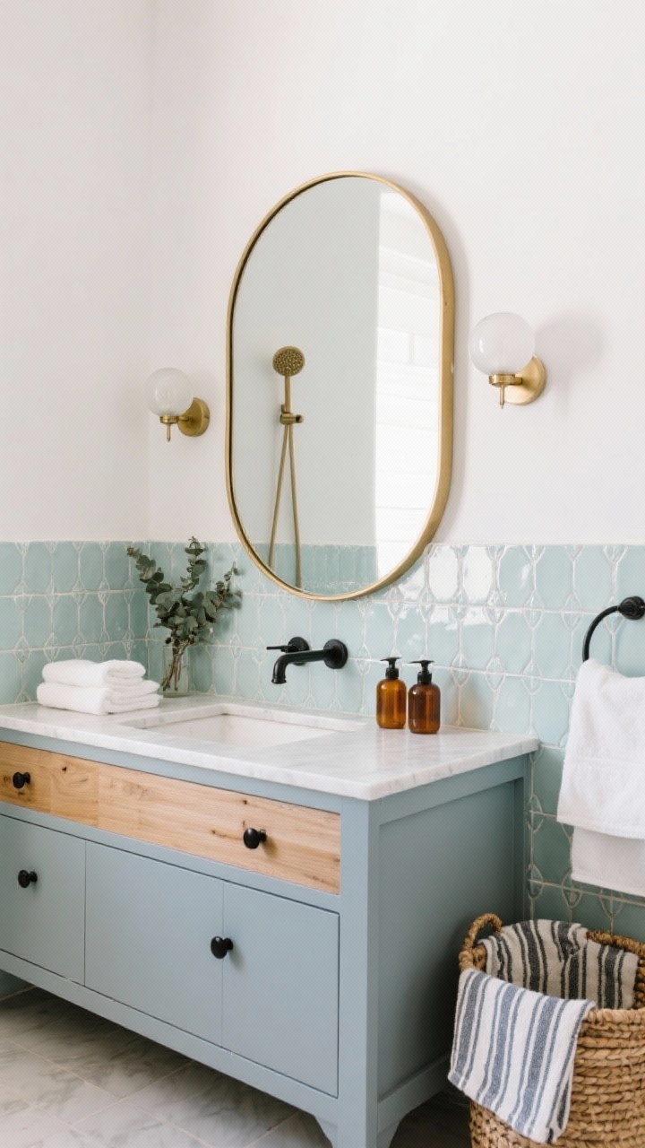 Straight-on medium shot, Coastal Modern Bathroom Glow-Up: vanity in light oak (or painted powder blue-gray) with matte black pulls; a rounded-rectangle mirror with a thin brass frame centered, flanked by milk-glass globe sconces; backsplash of soft seafoam zellige-style tiles paired with warm white walls; crisp white towels layered with a striped Turkish towel; woven hamper nearby; amber soap dispensers on the counter; a small eucalyptus bundle on the shower head glinting in soft, spa-like light.