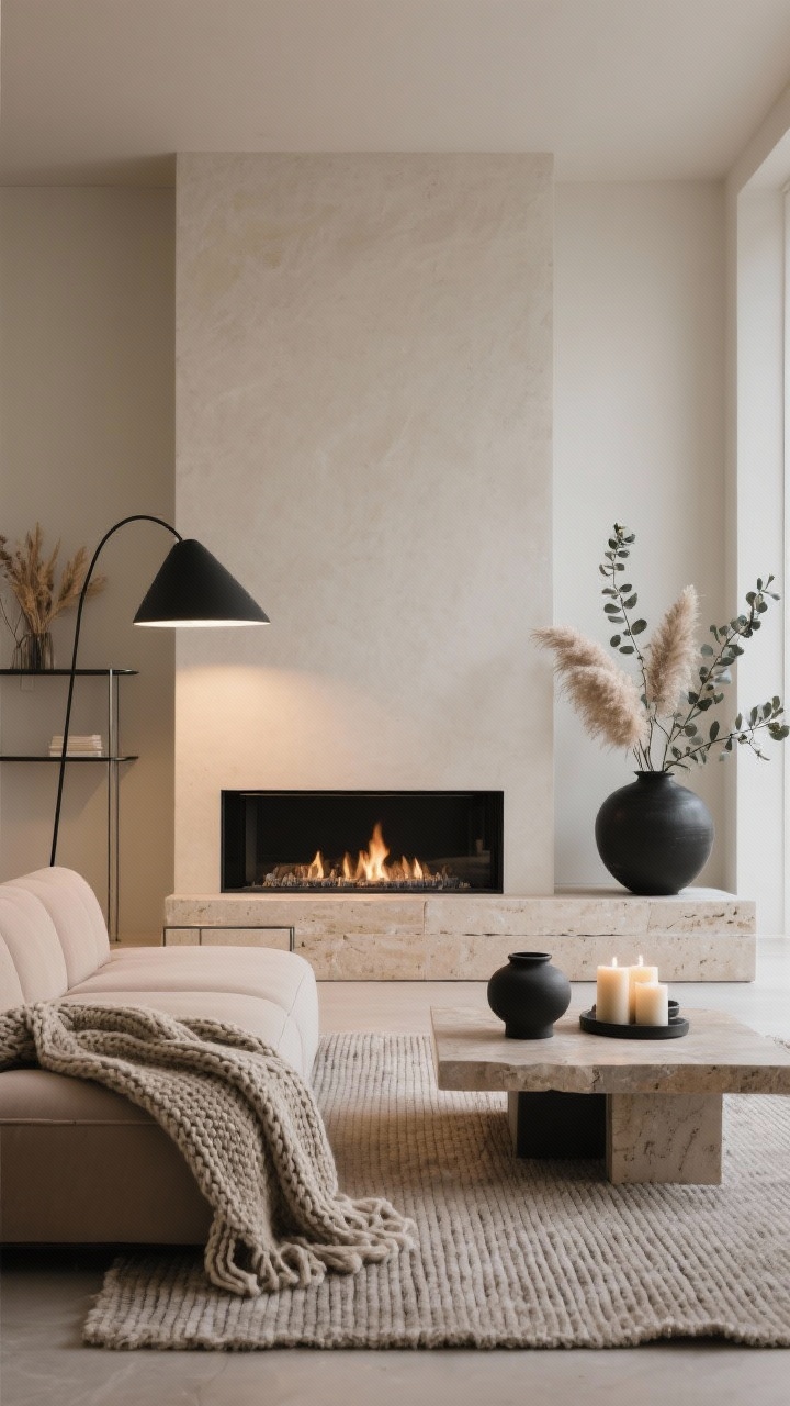 Straight-on medium shot, Modern Hearth With Soft Neutrals: sleek linear fireplace set into a smooth plaster or travertine surround, low-profile sectional in stone or mushroom tone floating on a ribbed wool area rug, chunky knit throw draped casually, stacked ceramic candles on a minimalist coffee table, matte black accents including a sculptural floor lamp and slim metal shelves, dried pampas or winter eucalyptus in oversized vases, palette of stone, mushroom, latte, and matte black, soft ambient evening light, photorealistic.