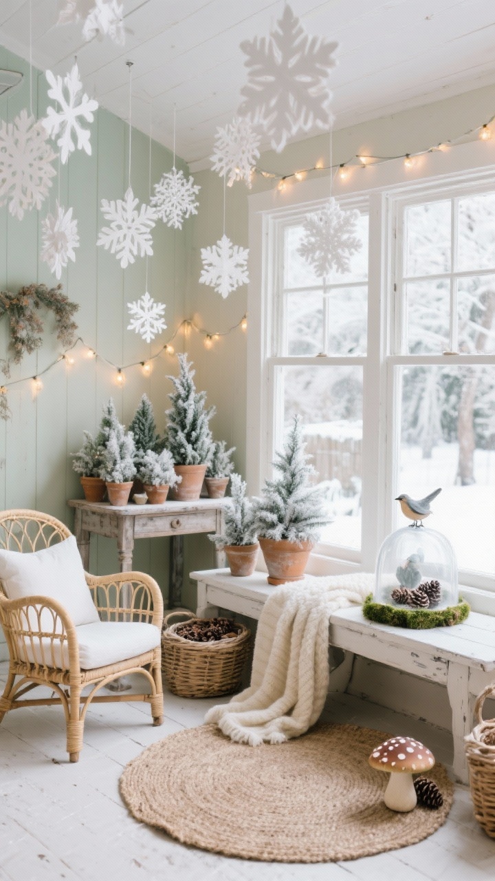 Sunroom corner medium shot in cottagecore frost: rattan chairs with ivory cushions, whitewashed bench, round jute rug; throws in mushroom and cream; paper snowflakes hanging from the ceiling at staggered heights; vintage potting table with clustered potted mini evergreens dusted in faux frost; warm micro-lights strung around woven baskets; palette of cream, sage, soft gray, and natural wood; ceramic bird figurine and frosted cloche displays with moss and pinecones; soft daylight, cozy winter garden vibe, photorealistic.