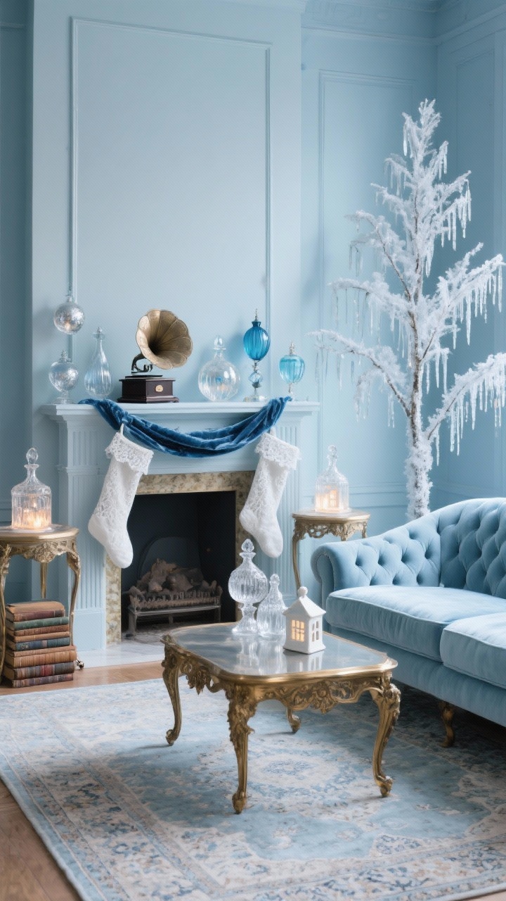 Vintage parlor medium shot in icy blue: tufted velvet sofa in powder blue, antique brass coffee table, Persian-style rug in misty tones; pale blue-painted mantel; decor of frosted glass ornaments in mercury, ice blue, and opal; lace-trimmed white stockings on the mantel; side tables with cut-glass decanters and porcelain houses lit from within; slim flocked tree with glass icicles and dusty blue velvet ribbon; optional gramophone and stacked vintage books; soft, romantic glow, photorealistic.